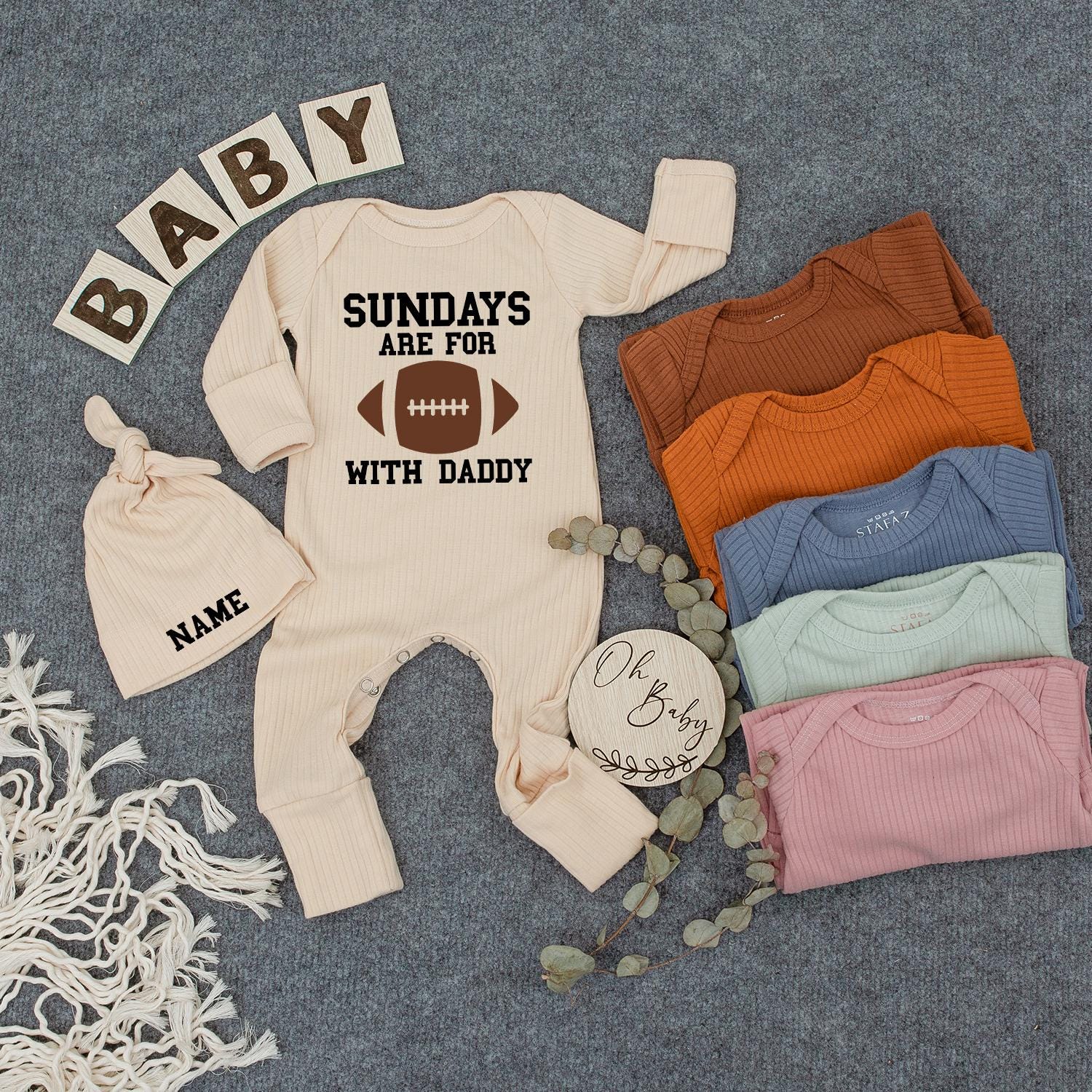 Custom Baby Outfit Sundays Are for with Daddy Football Romper Newborn Game Day Gift Personalized Hat Soft Cotton New Mom Present