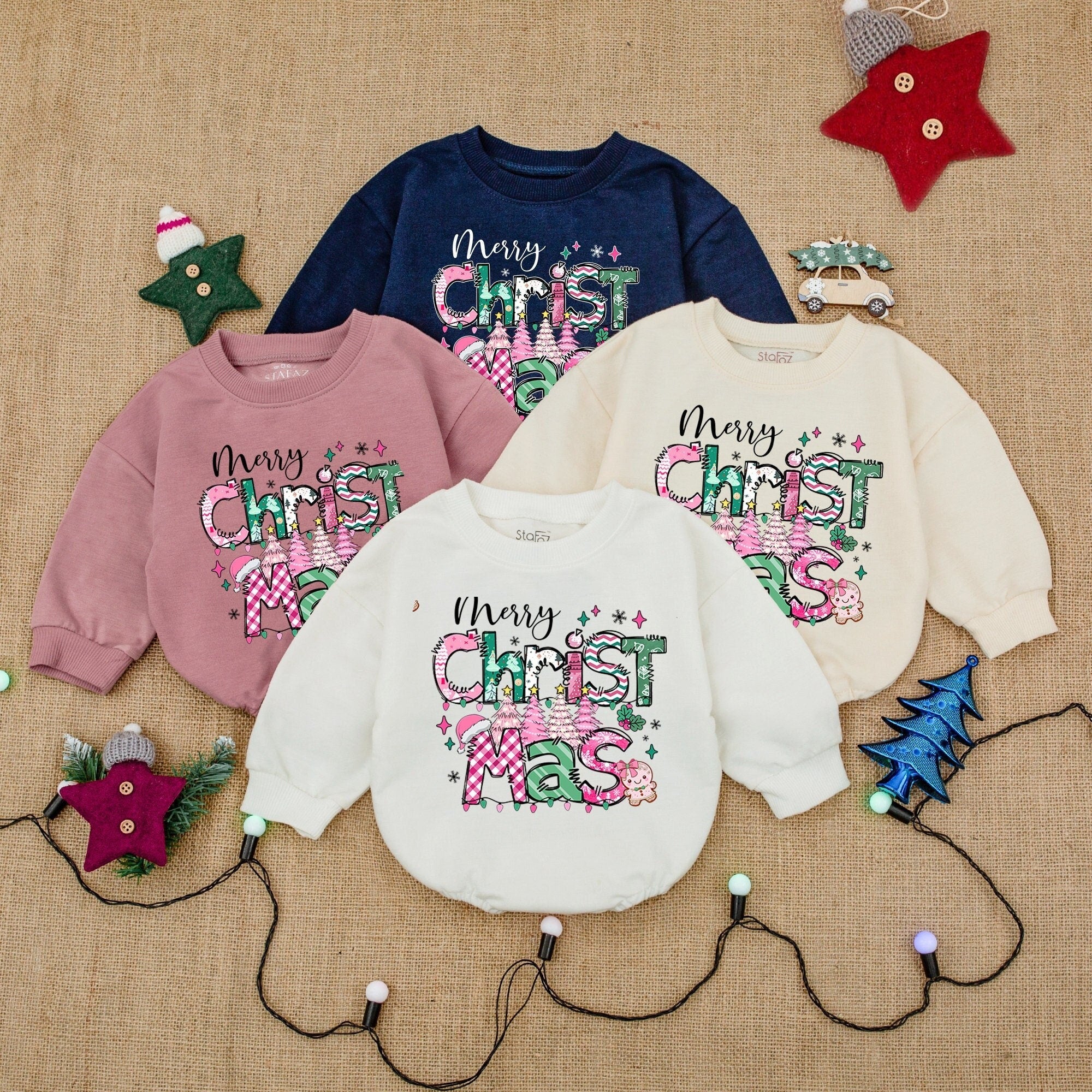 Merry Christmas Baby Bodysuit Festive Santa Romper Holiday Outfit Infant Gift Green Pink White Stripes Dots Stars Snowflakes