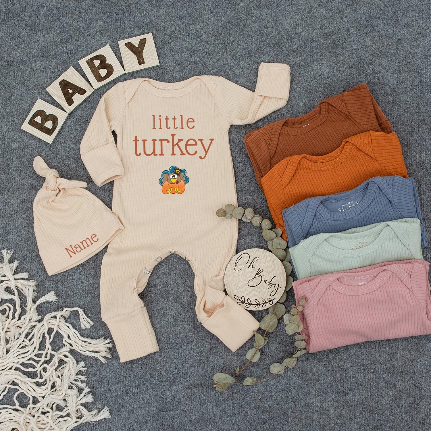 Custom Name Little Turkey Baby Bodysuit Thanksgiving Outfit Newborn Jumpsuit with Hat Perfect Baby Shower or Coming Home Gift