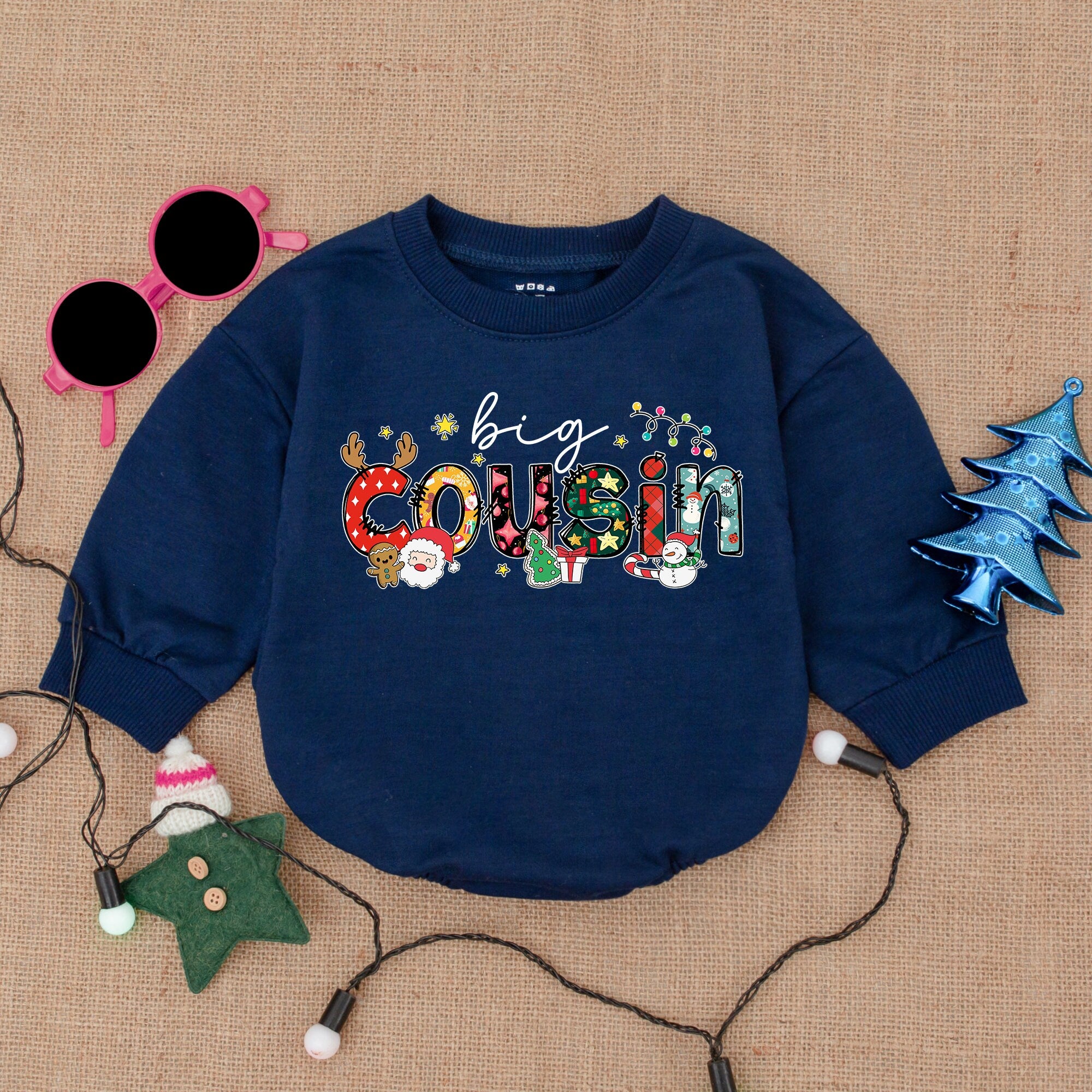 Festive Little Big Cousin Christmas Rompers Baby Toddler Holiday Outfit Colorful Cotton Bodysuit Personalized Name First Xmas Playful Design