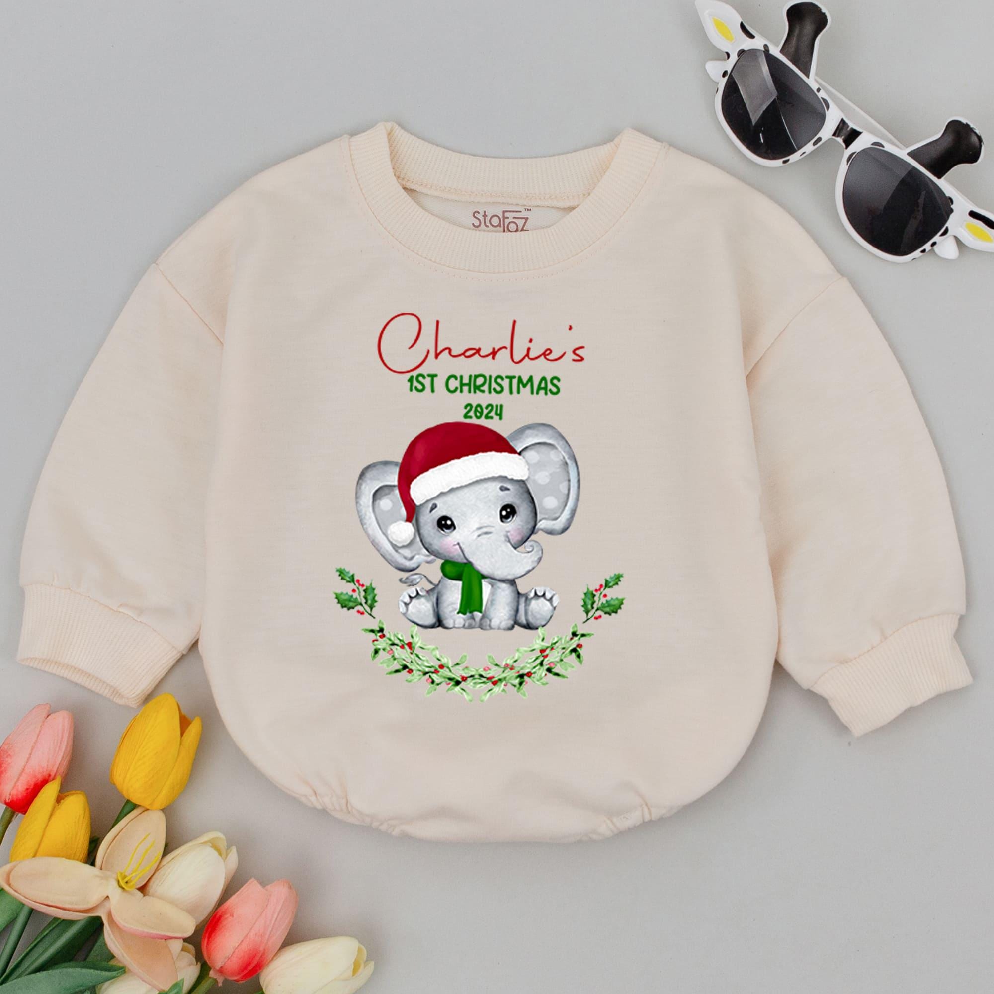 Personalized Baby's First Christmas Romper with Elephant Holiday Design Adorable Infant Outfit Cute Baby Shower Gift Soft Cotton