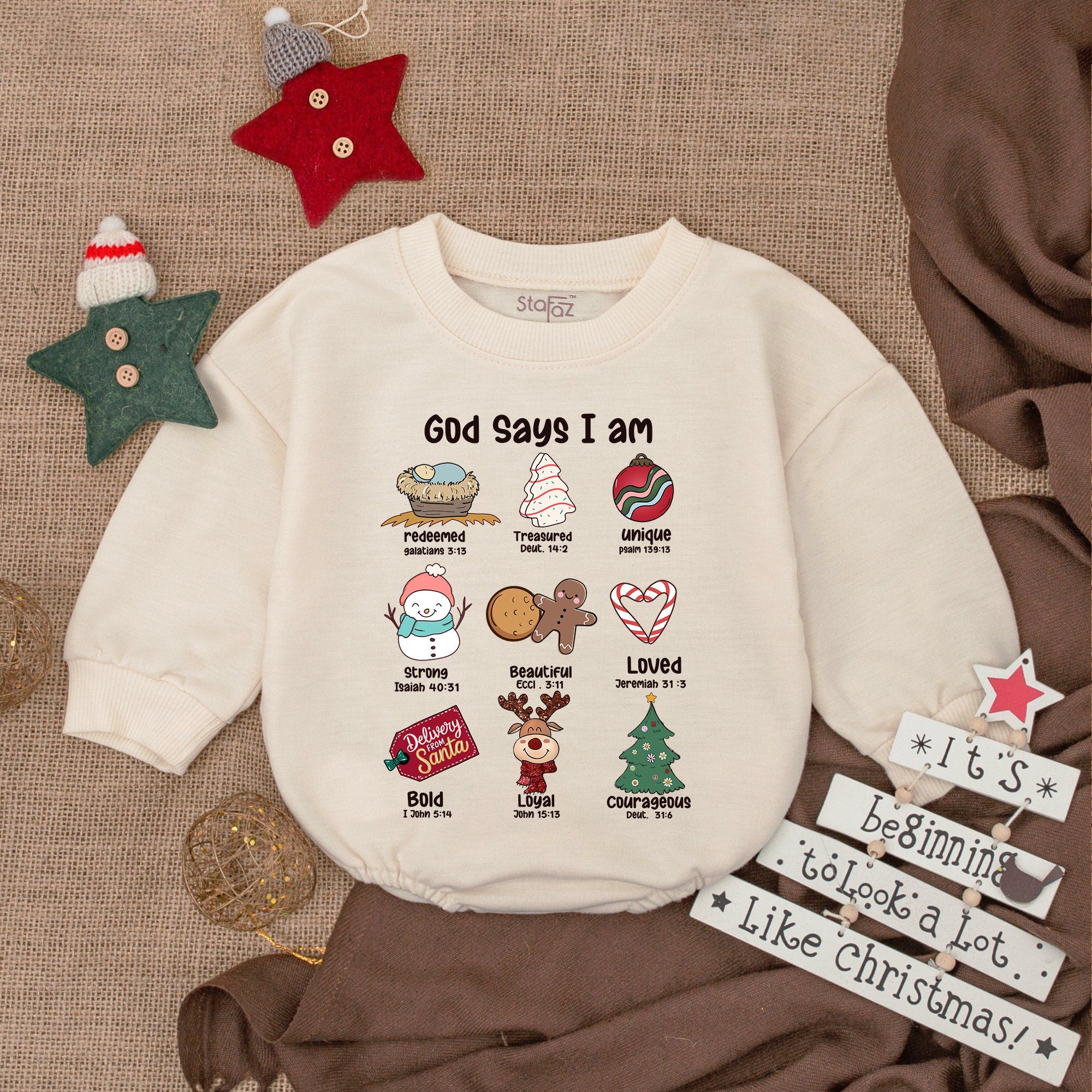 God Says I Am Baby Romper First Christmas Outfit Soft Cotton Holiday Bodysuit Festive Design Infant Gift Reindeer Snowman Tree