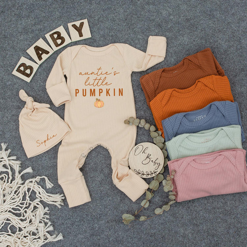Auntie's Little Pumpkin Newborn Set Cozy Autumn Baby Bodysuit Hat Gift Personalize for Baby Shower or Coming Home Outfit Soft Cotton