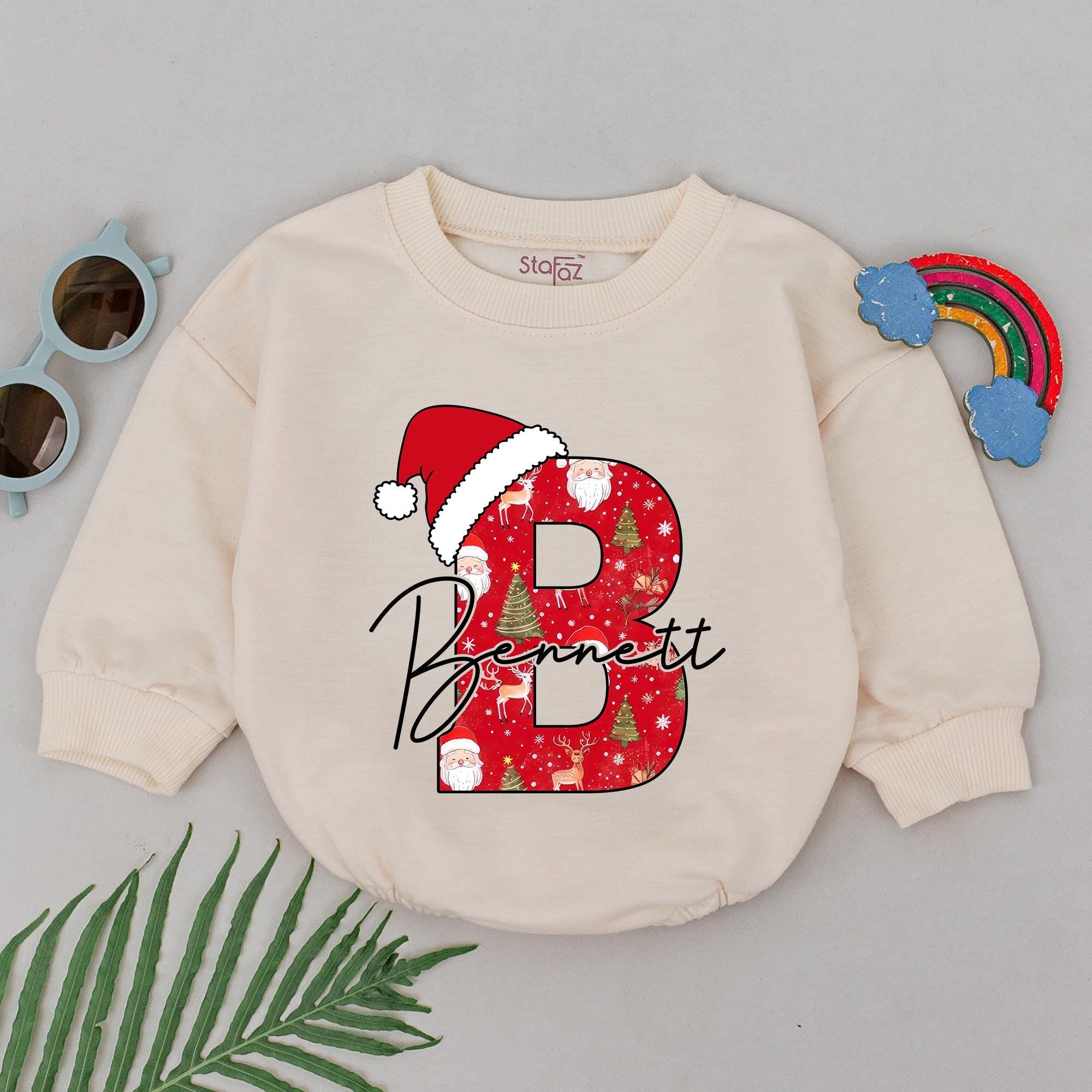 Personalized Christmas Baby Romper with Santa Hat Design Red Green Festive Pattern Bennett Name 1st Holiday Outfit Newborn Gift