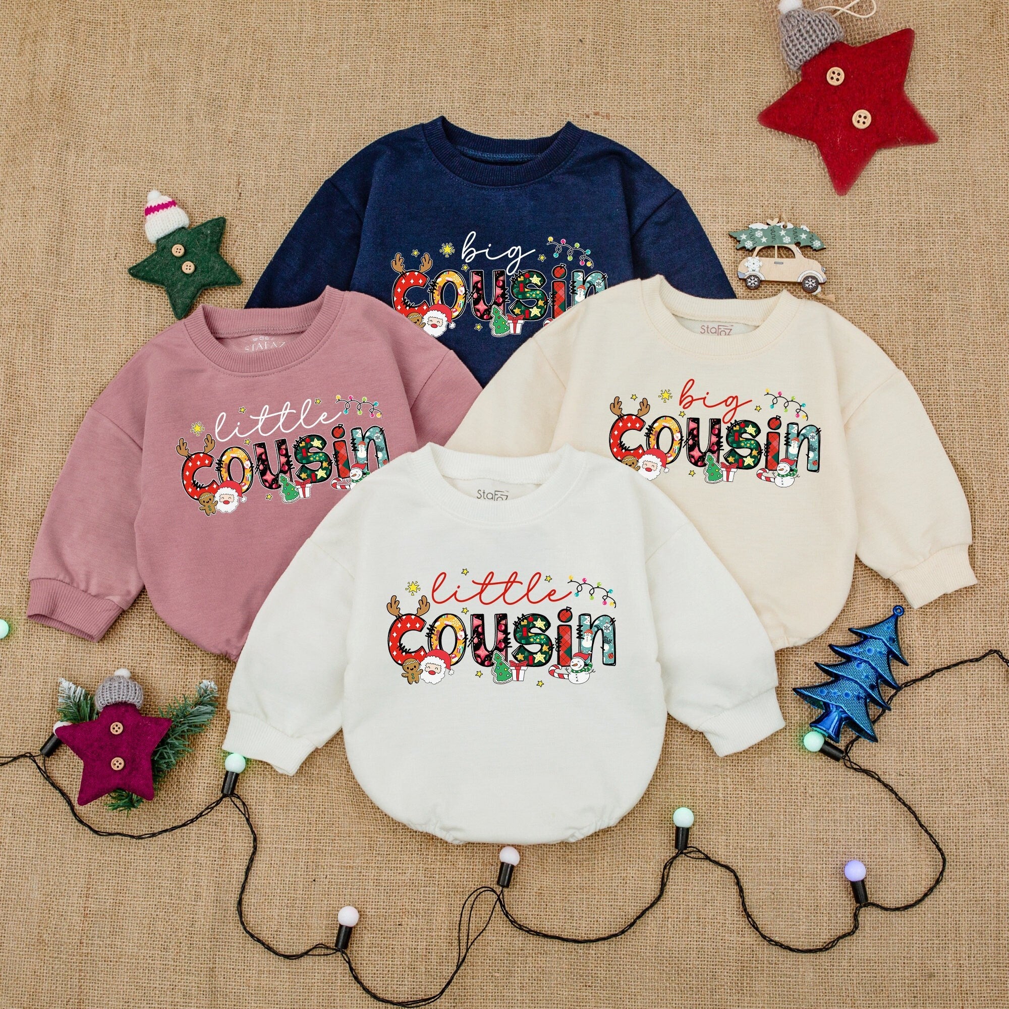 Festive Little Big Cousin Christmas Rompers Baby Toddler Holiday Outfit Colorful Cotton Bodysuit Personalized Name First Xmas Playful Design
