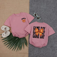 Personalized Basketball Game Day Baby Romper with Bow Sporty Custom Name Retro Style Infant Outfit Football Season Gift