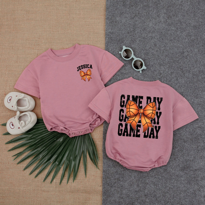 Personalized Basketball Game Day Baby Romper with Bow Sporty Custom Name Retro Style Infant Outfit Football Season Gift