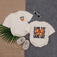 Personalized Basketball Game Day Baby Romper with Bow Sporty Custom Name Retro Style Infant Outfit Football Season Gift