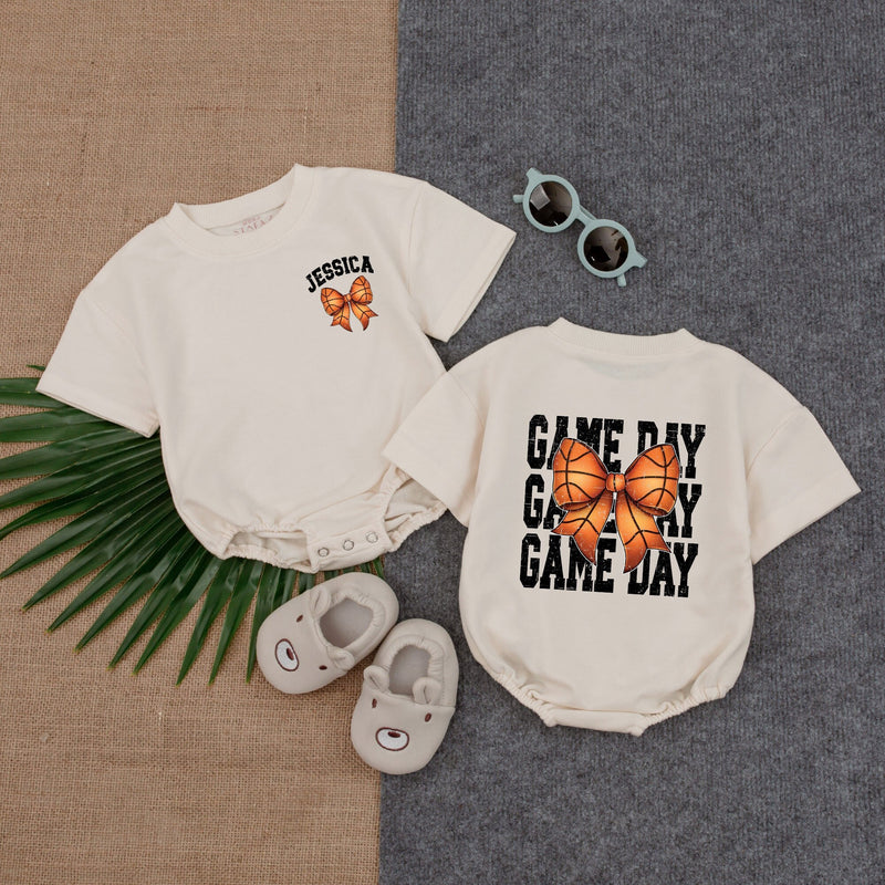 Personalized Basketball Game Day Baby Romper with Bow Sporty Custom Name Retro Style Infant Outfit Football Season Gift