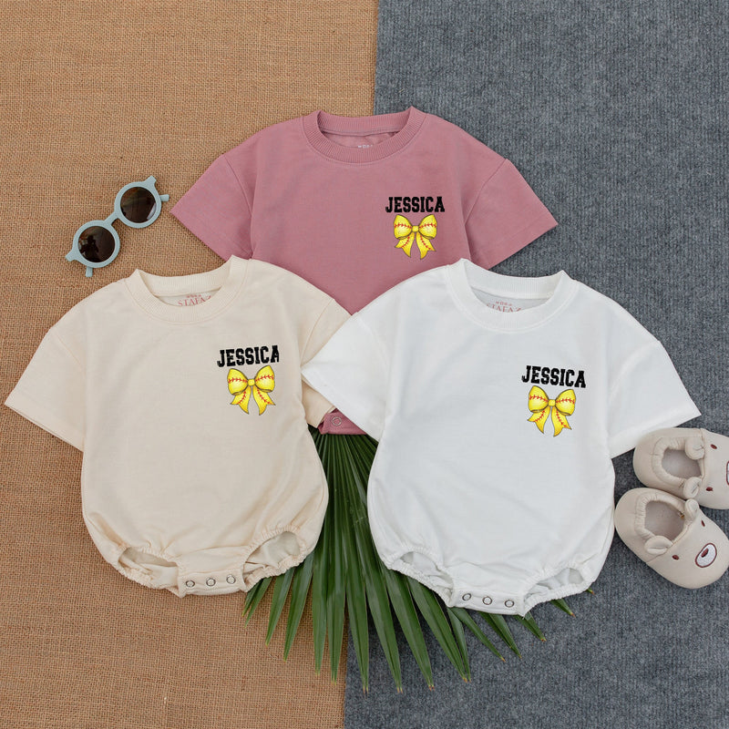 Personalized Softball Baby Romper with Yellow Bow Sporty Design for Game Day Fun Retro Vibes Infant Toddler Gift Cotton Comfortable
