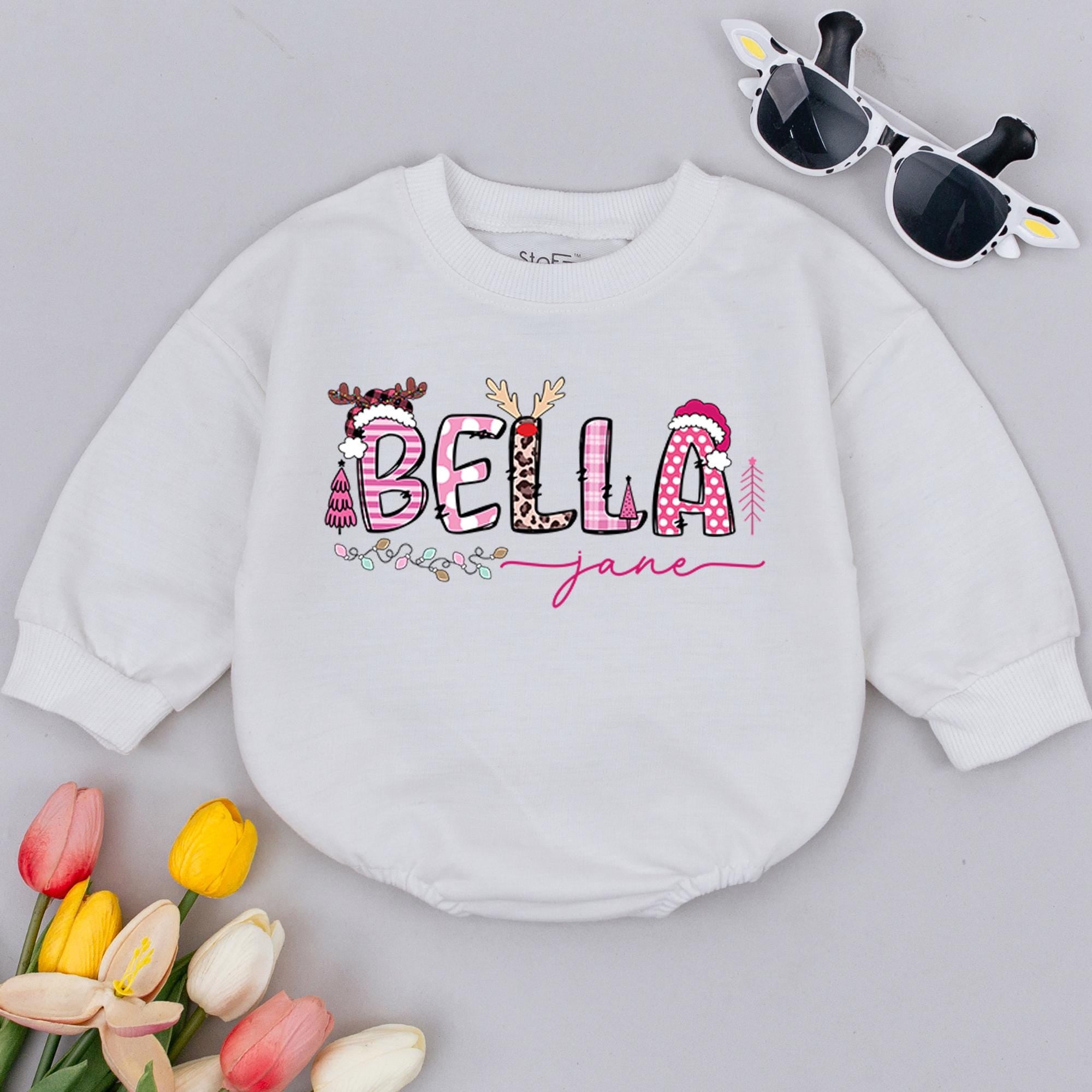 Personalized Bella Romper Baby's First Christmas Outfit Holiday Fun Leopard Print Santa Hat Pink Script Cotton Comfort Infant Gift