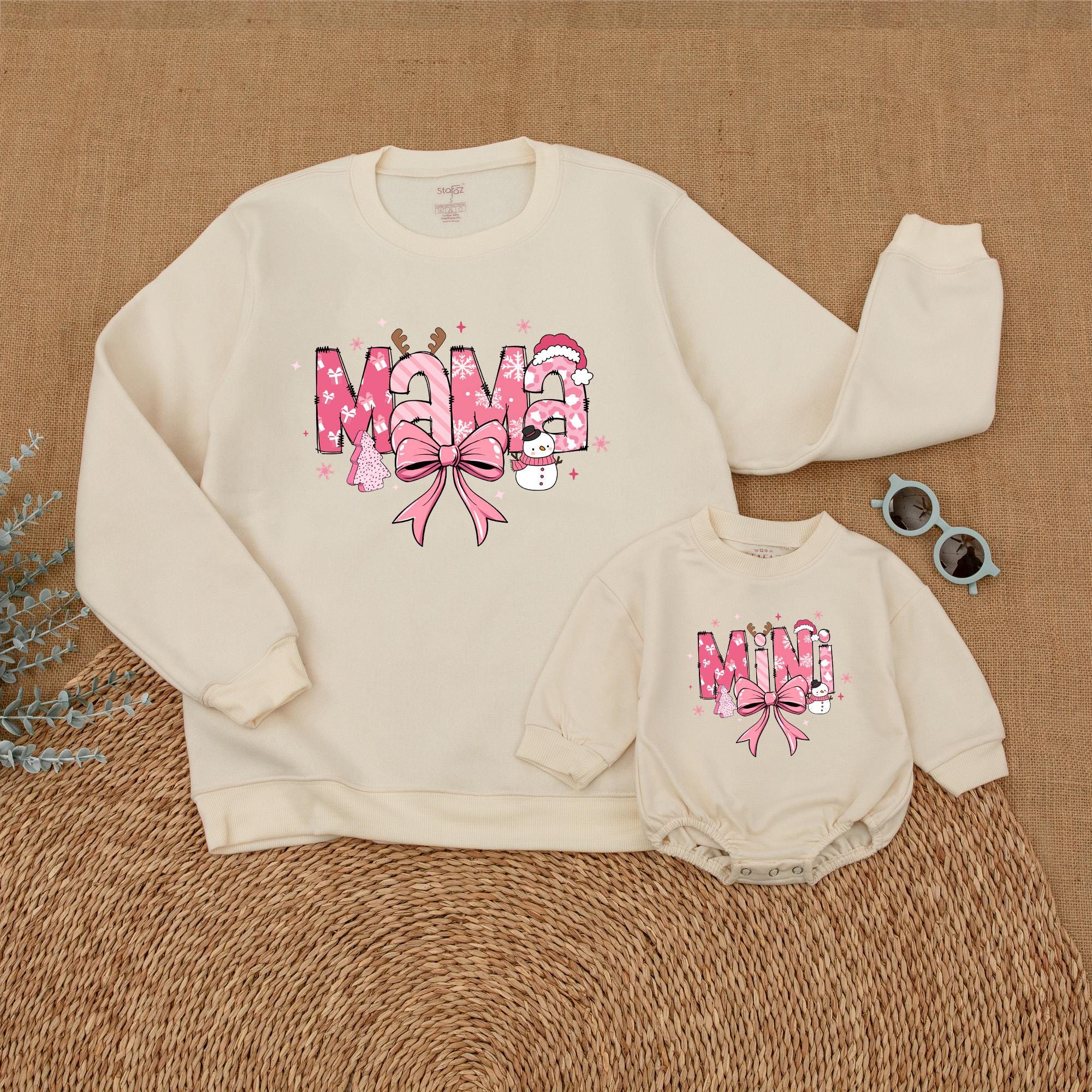 Festive Mama and Mini Christmas Sweatshirts Holiday Matching Family Outfit with Pink Bow and Santa Hat Design for Baby or Toddler
