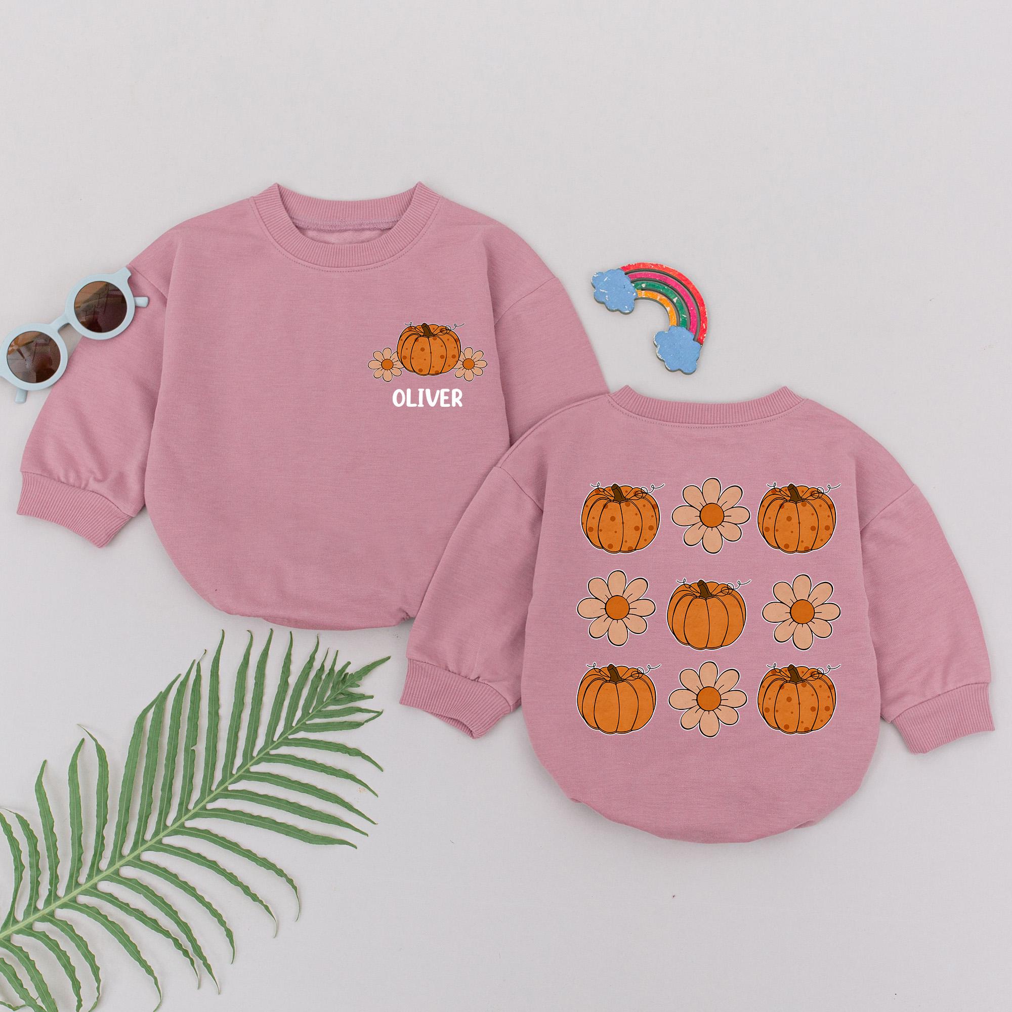 Personalized Oliver Pumpkin Romper Fall Outfit for Baby Girls Cozy Thanksgiving Gift Vibrant Autumn Pattern with Flowers and Pumpkins