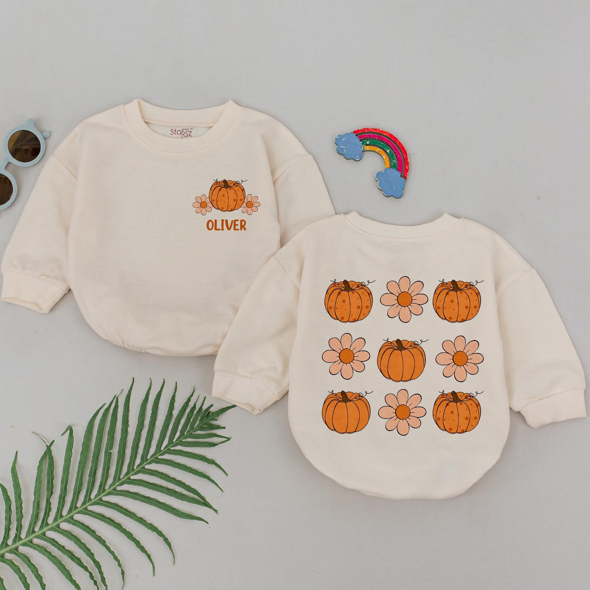 Personalized Oliver Pumpkin Romper Fall Outfit for Baby Girls Cozy Thanksgiving Gift Vibrant Autumn Pattern with Flowers and Pumpkins