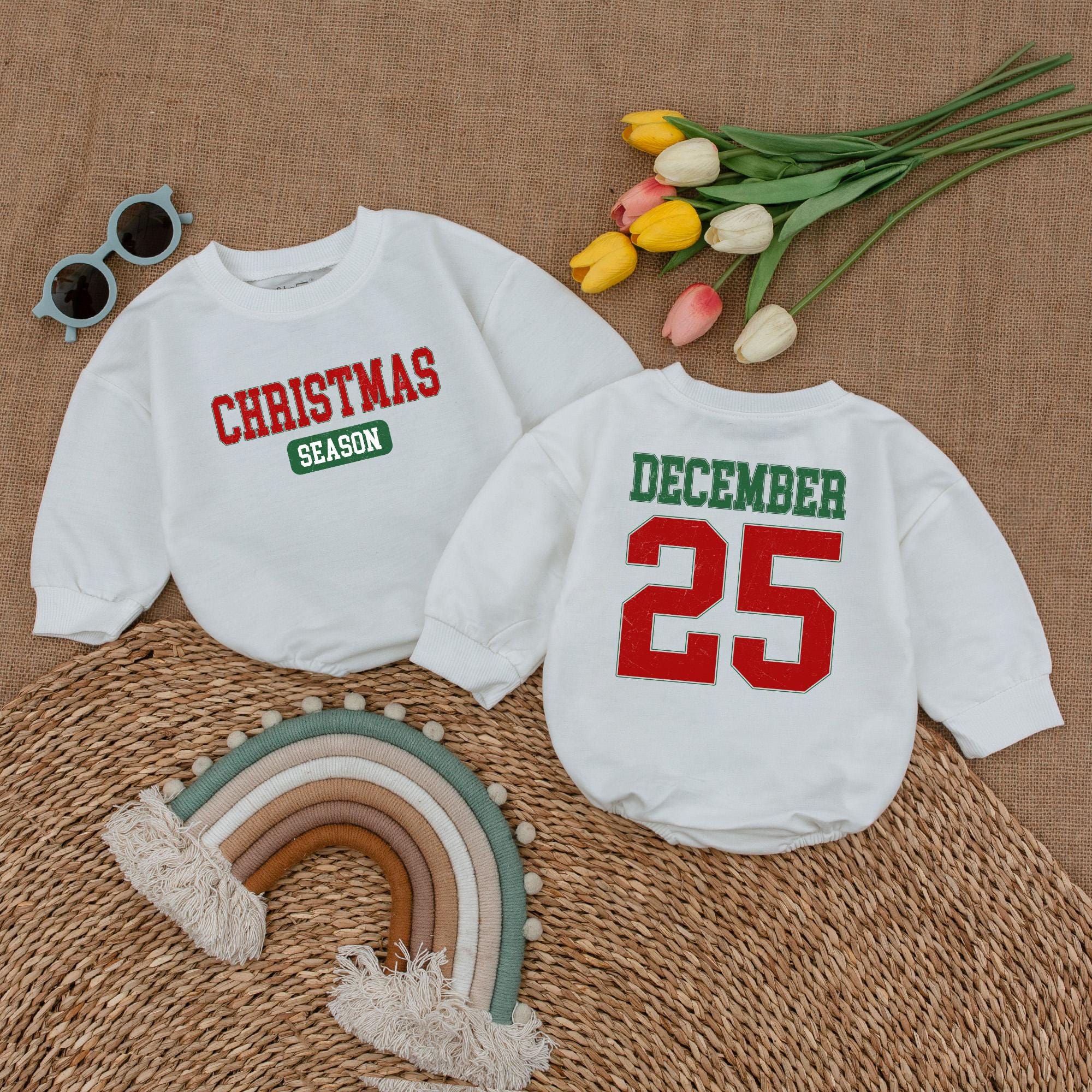 Retro Christmas Baby Romper Holiday Outfit Infant First Christmas Soft Cotton Festive Design Red Green December 25 Vintage Style