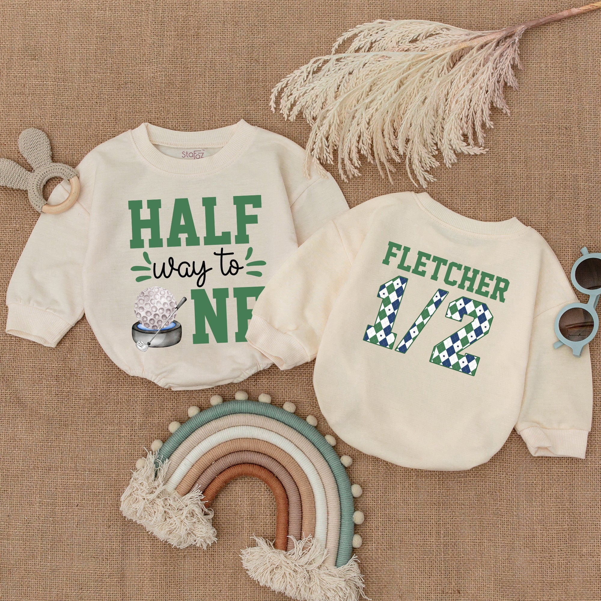 Personalized Halfway to One Golf Bubble Romper Baby Boy Birthday Outfit Fun Argyle Pattern Custom Name Infant Clothes Comfortable