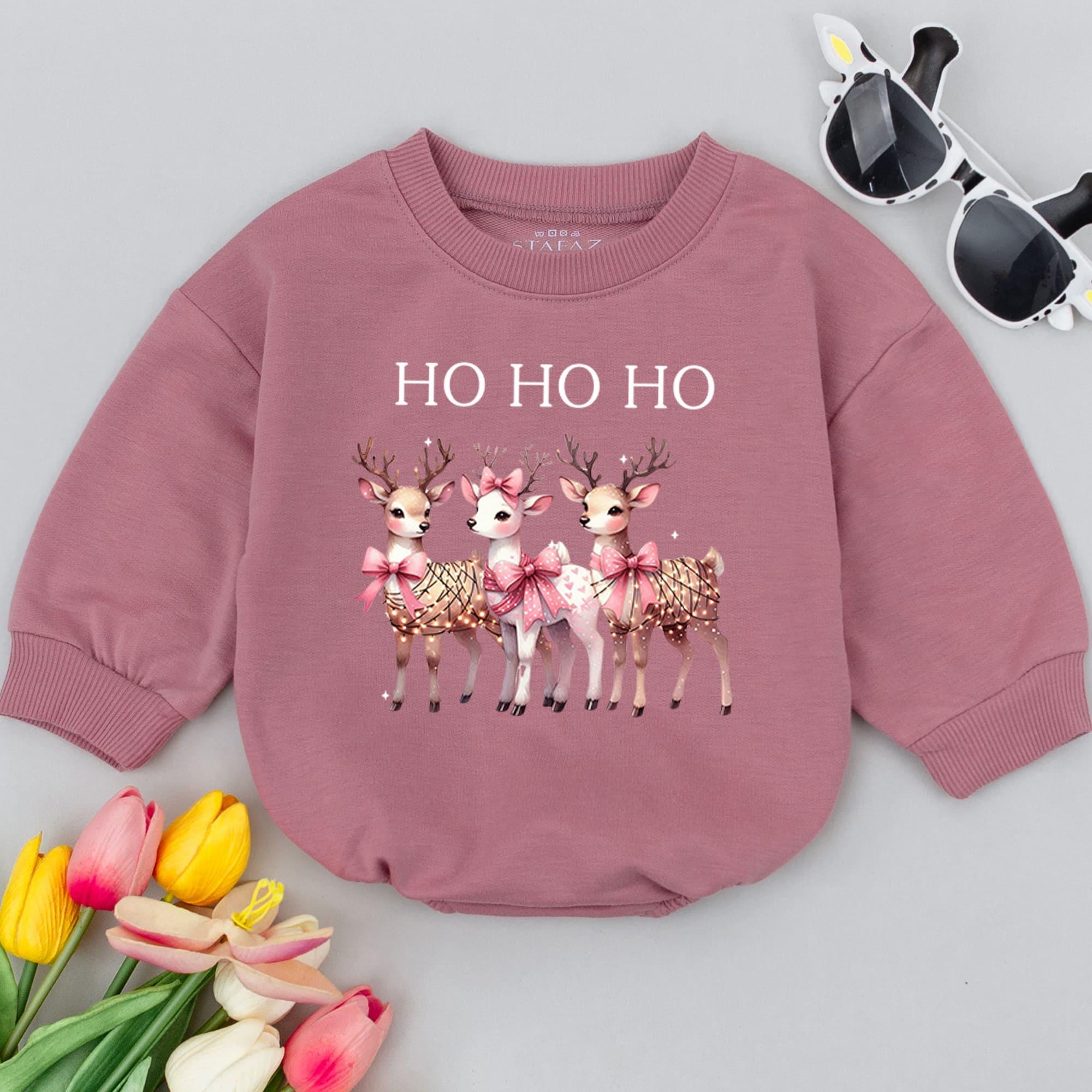 Ho Ho Ho Reindeer Baby Romper Soft Pastel Girl Holiday Outfit First Christmas Whimsical Design Comfortable Cotton Baby Shower Gift