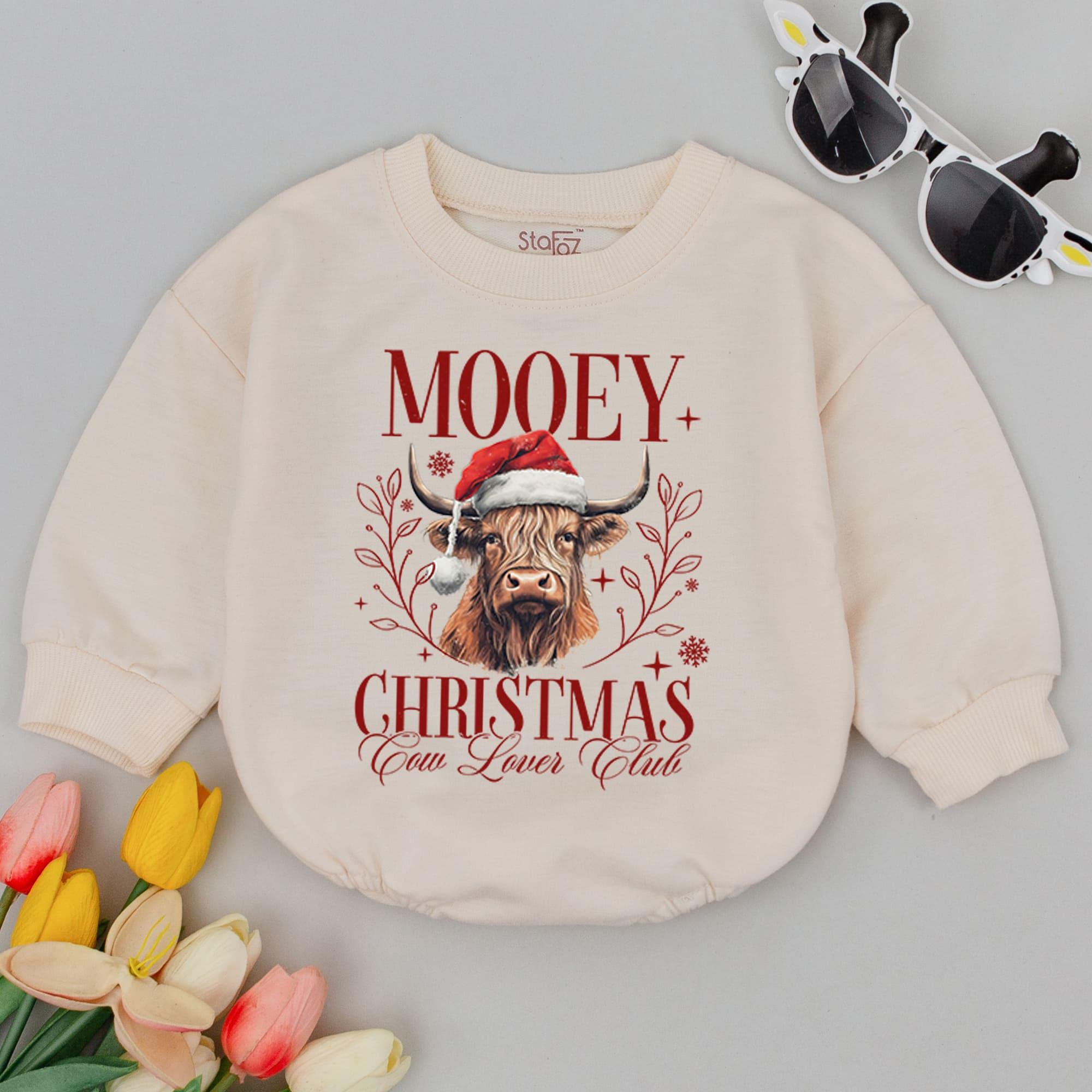 Mooey Christmas Baby Bubble Romper Cow Lover Holiday Outfit Fun First Christmas Infant Clothes Winter Gift Festive Design
