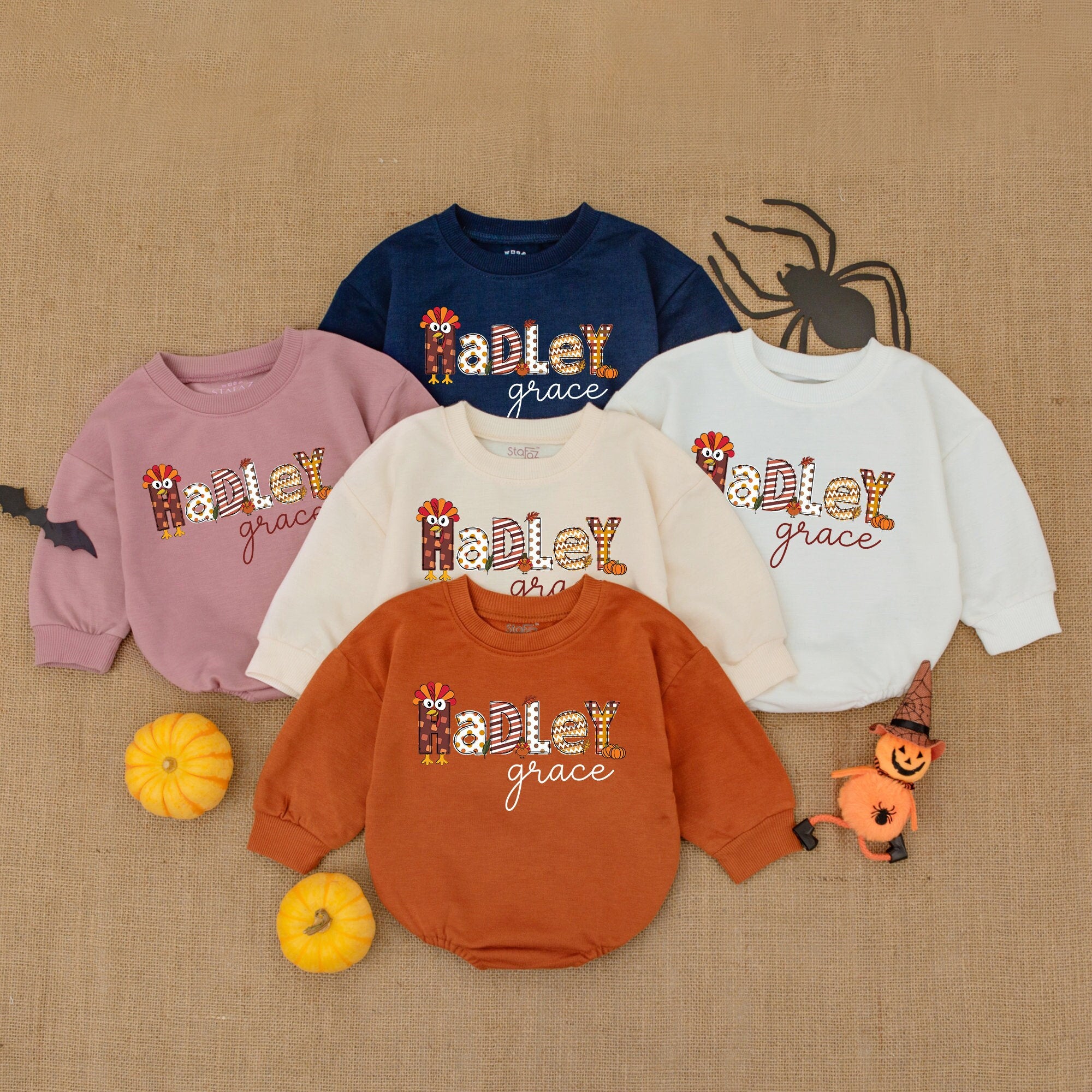 Personalized Hadley Thanksgiving Baby Romper Turkey Design Fall Outfit Infant Autumn Bodysuit Custom Name Warm Earth Tones