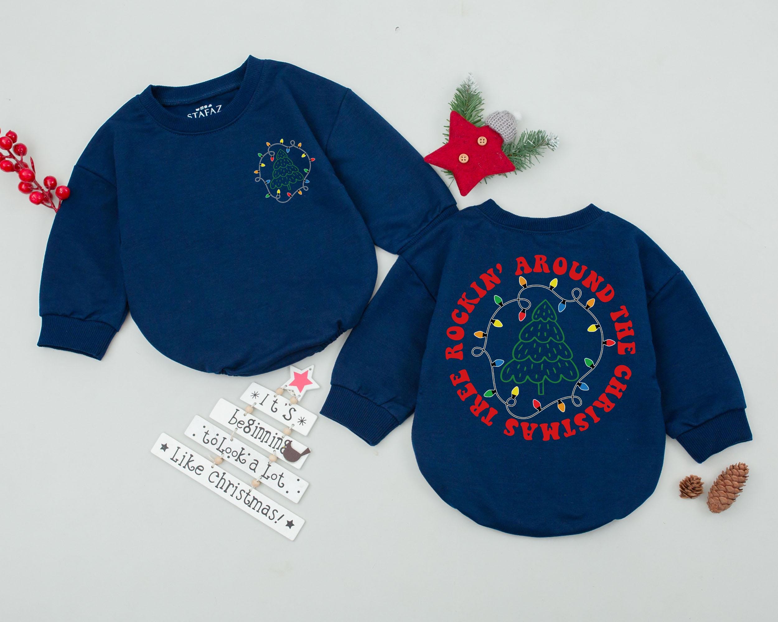 Rockin' Around The Christmas Tree Baby Romper First Xmas Gift Vintage Style Newborn Holiday Outfit Retro Colors Soft Cotton Infant Wear