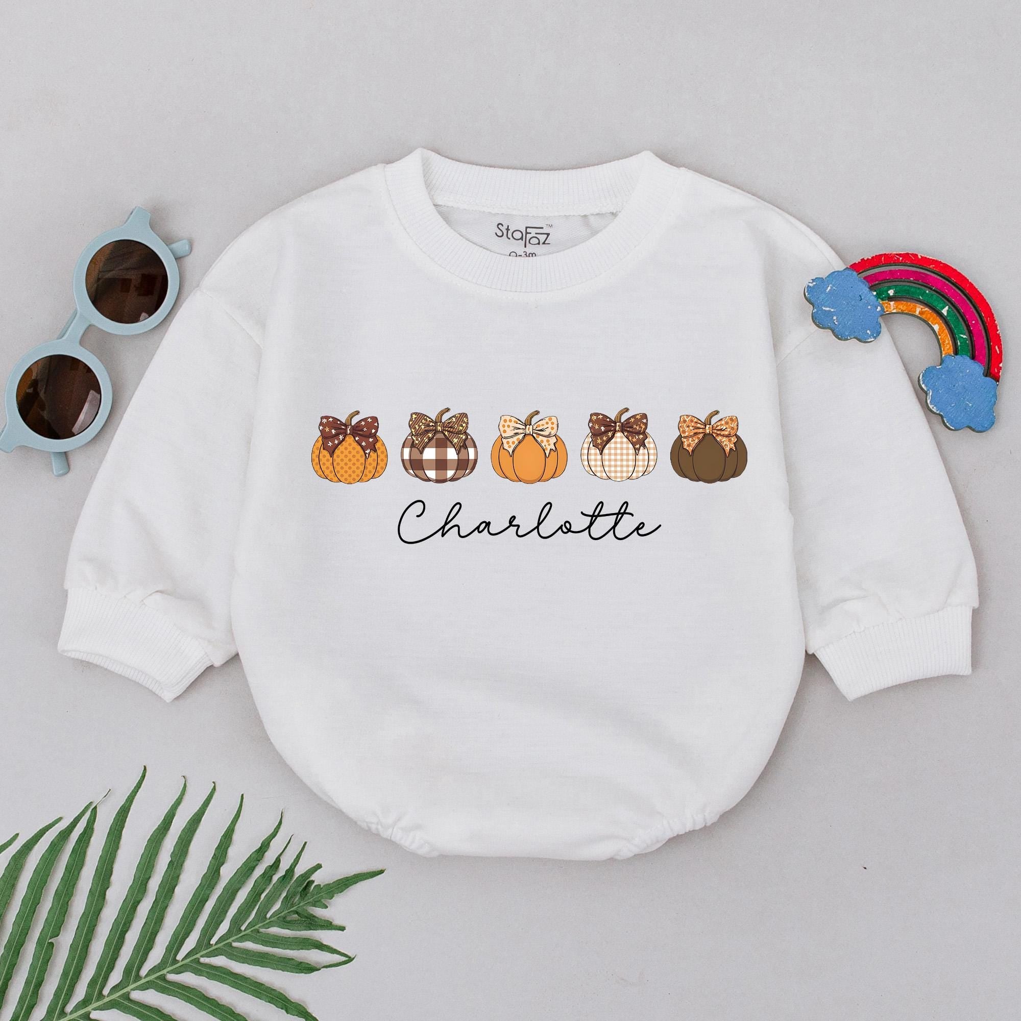 Personalized Pumpkin Romper for Baby Girls Custom Name Autumn Outfit Thanksgiving Gift Soft Cotton Fall Design
