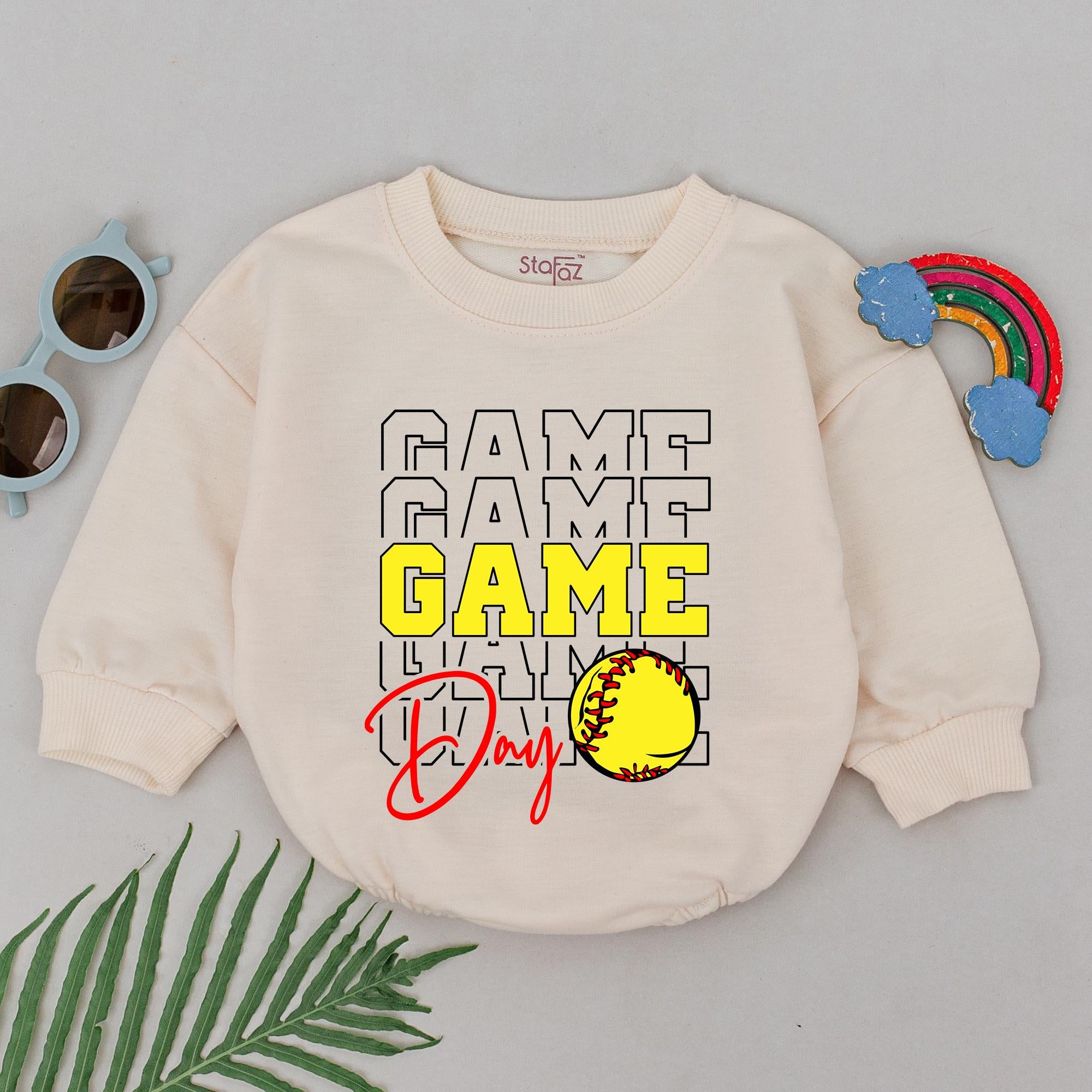 Game Day Softball Romper for Baby Girls Retro Blocky Font Design Outfit Yellow Softball Graphic Perfect Gameday Season Gift