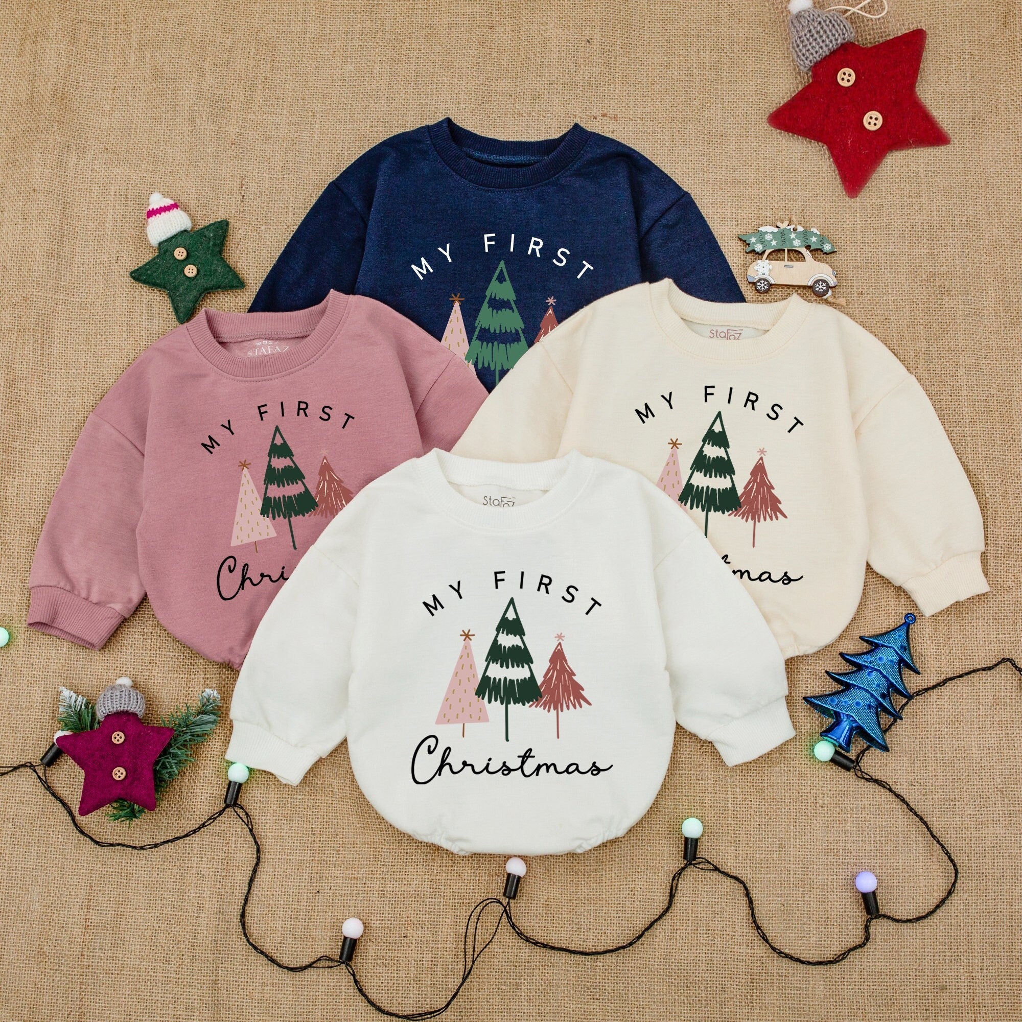 My First Christmas Baby Bodysuit with Festive Trees in Soft Green Pink Red Cotton Infant Holiday Outfit Perfect Baby Shower Gift