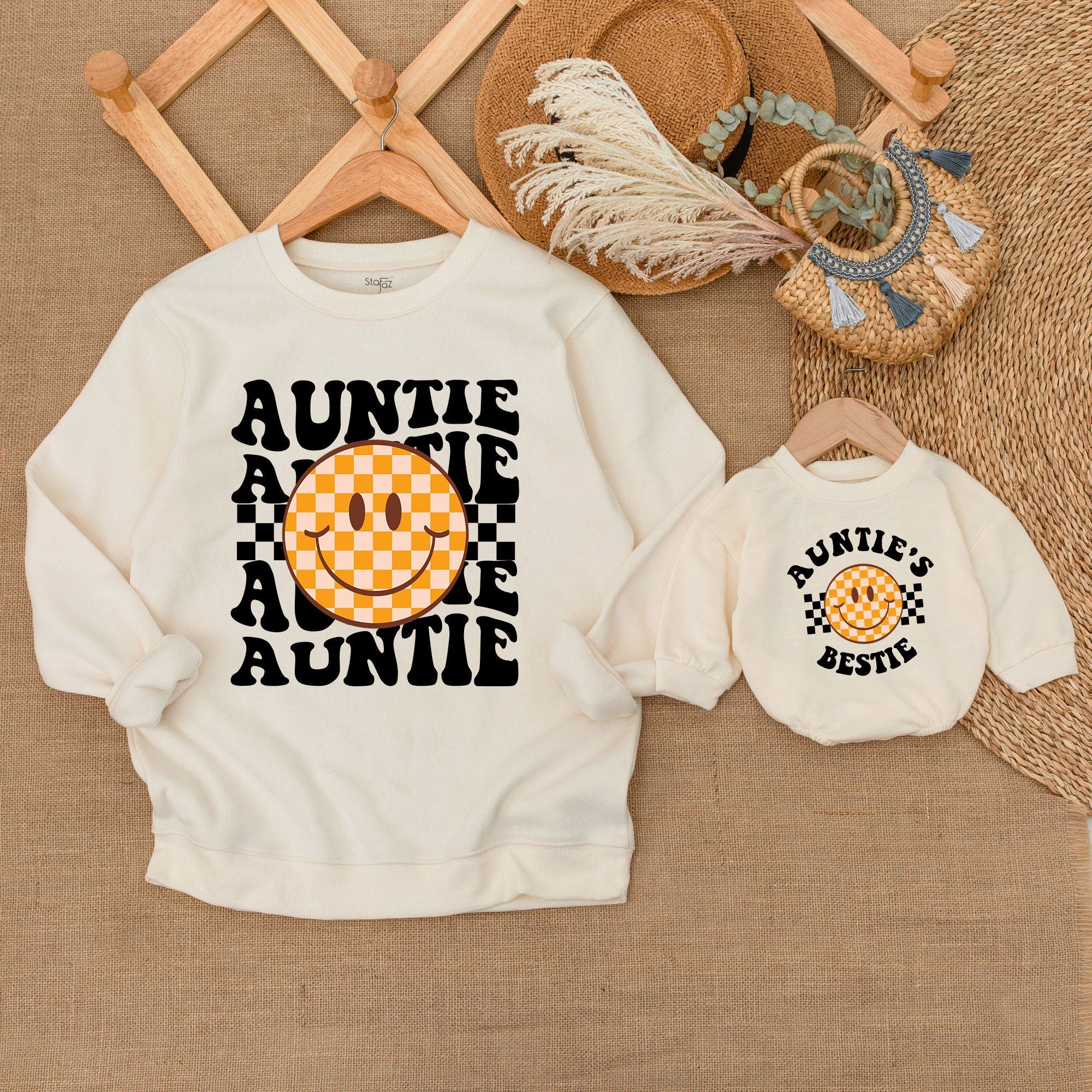 Auntie and Me Matching Retro Smiley Sweatshirts for Baby and Toddler Cozy Cotton Outfit Fun Family Style Gift for Niece or Nephew