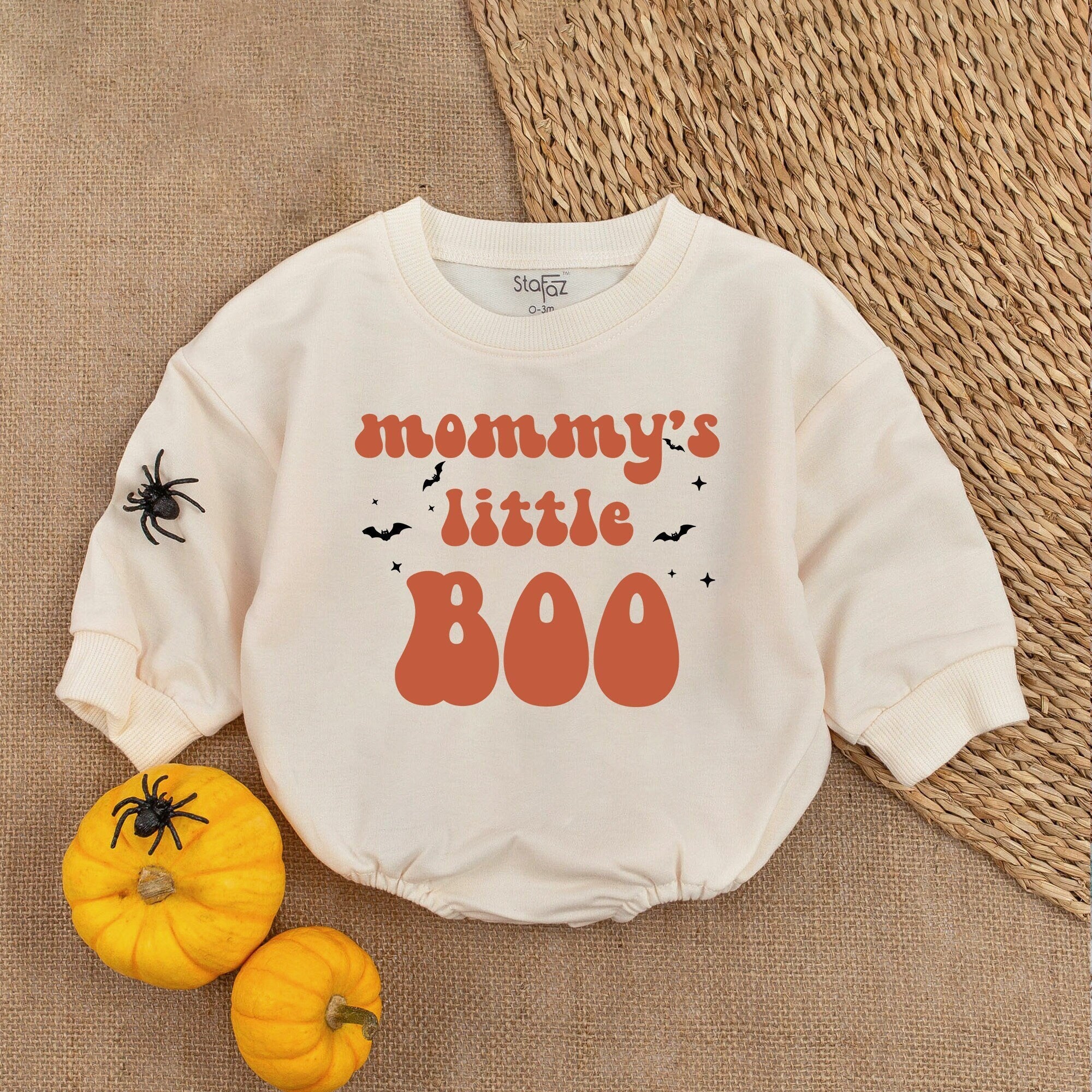 Mommy's Little Boo Retro Halloween Baby Romper with Bats Stars Vintage Orange Black Soft Cotton Infant Bodysuit First Holiday Outfit