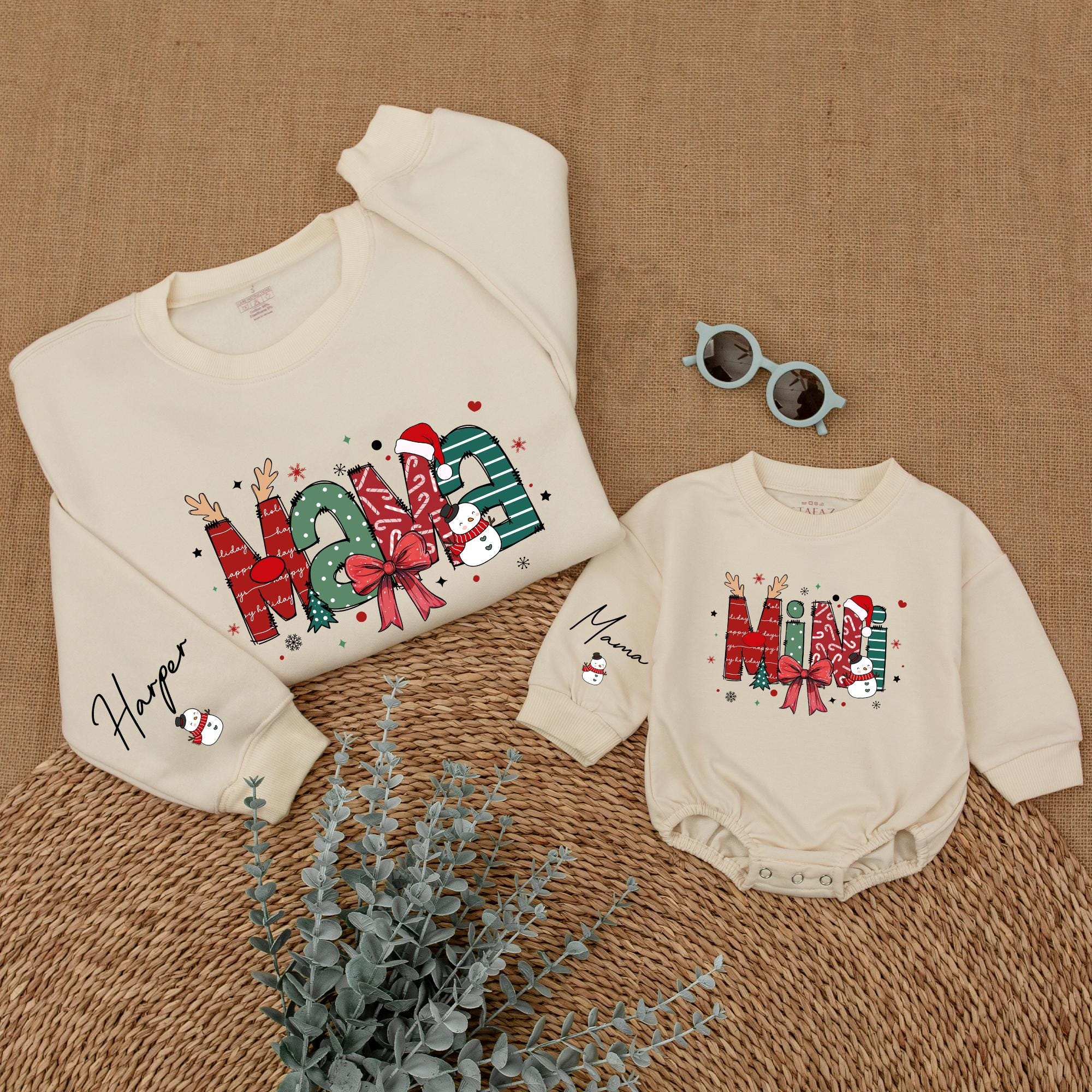 Custom Christmas Mama Mini Sweatshirts in Festive Colors Holiday Family Matching Outfit with Personalized Names Snowman and Bow Design