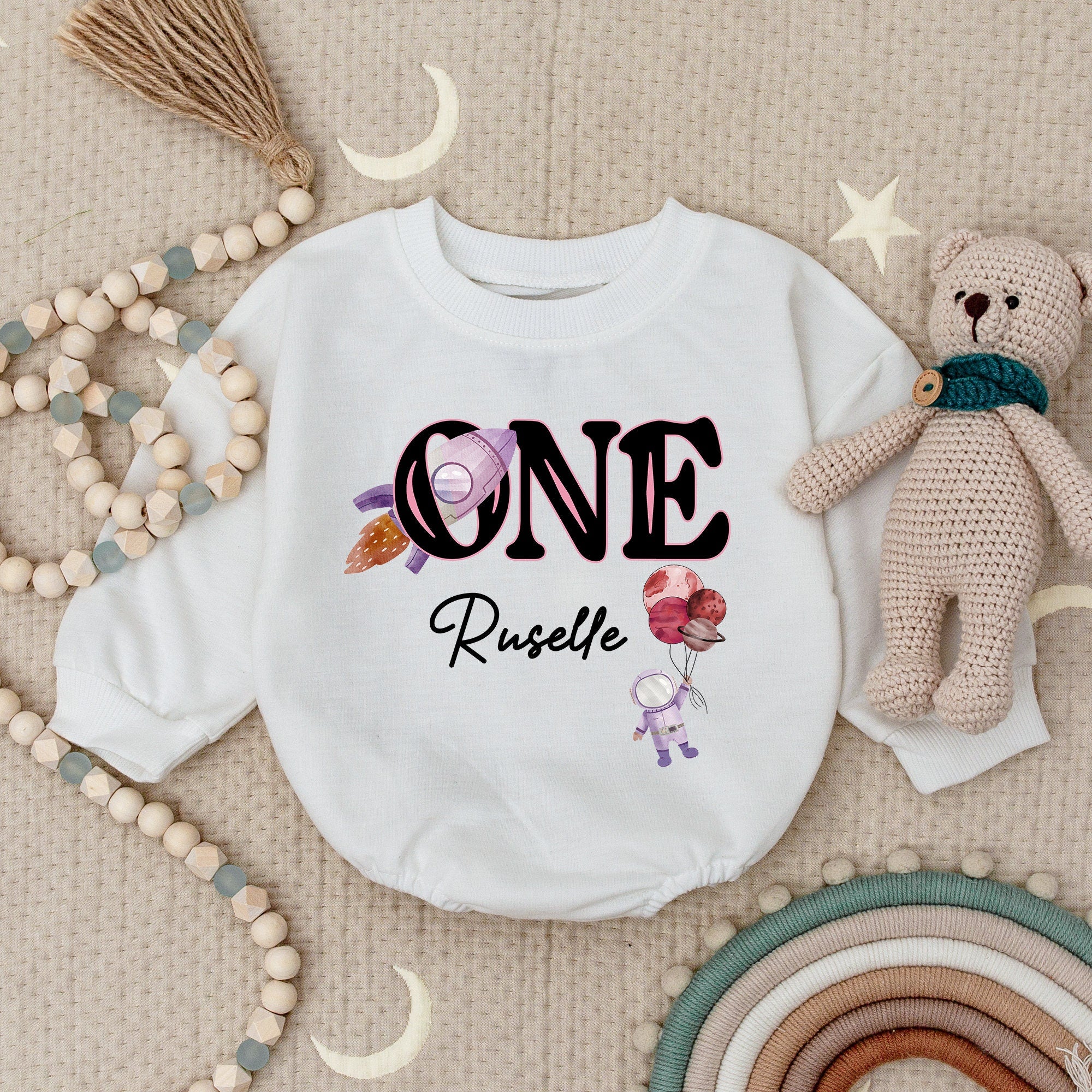 Ruselle's Space-Themed First Birthday Romper Astronaut Baby Outfit Soft Cotton Pastel Girl Celebration Bodysuit Custom Name Gift