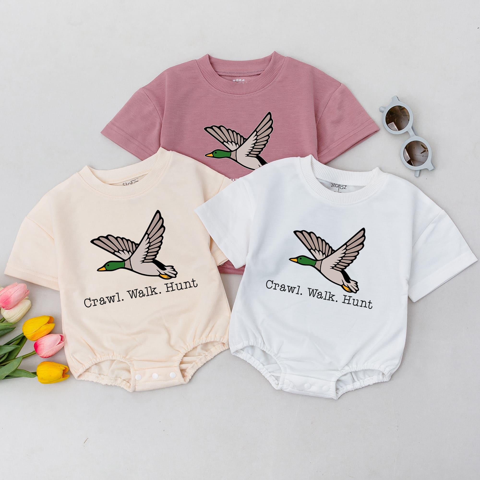 Crawl Walk Hunt Baby Romper with Mallard Duck Design