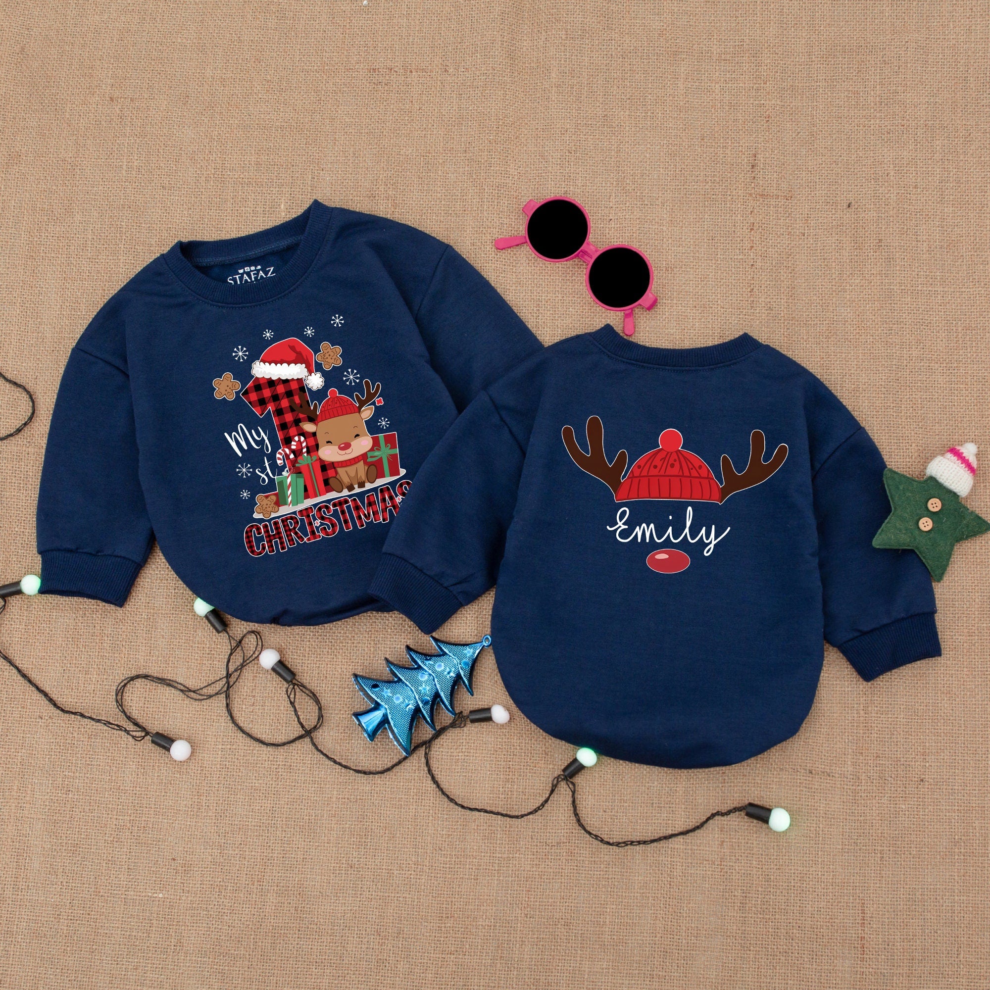 Custom Name Baby's First Christmas Bodysuit Red Knit Hat Reindeer Design Infant Holiday Outfit Soft Cotton Personalized Baby Gift