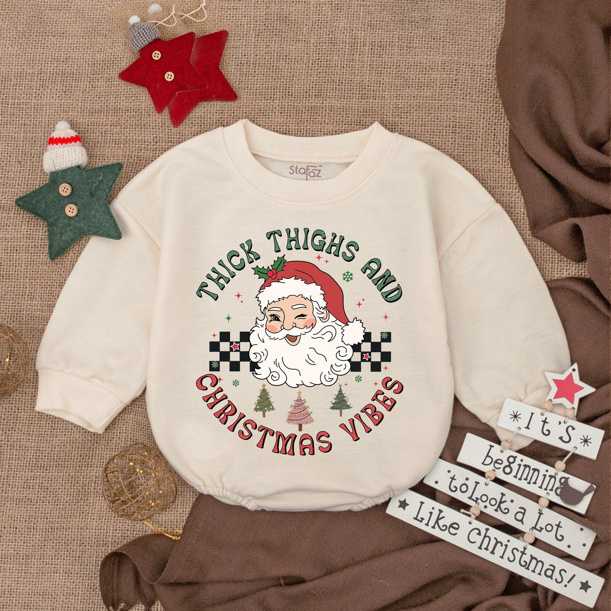 Retro Santa Baby Romper Thick Thighs Christmas Vibes Infant Bodysuit Holiday Gift Soft Cotton Festive Outfit for Baby's First Christmas