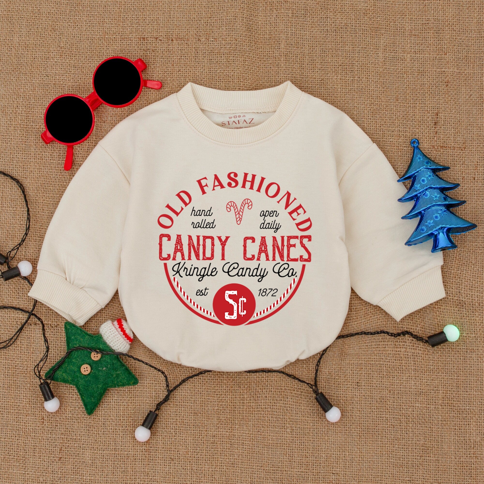 Vintage Candy Canes Baby Romper First Christmas Outfit Soft Cotton Retro Holiday Infant Bodysuit Warm Festive Design Krispie Candy Co.