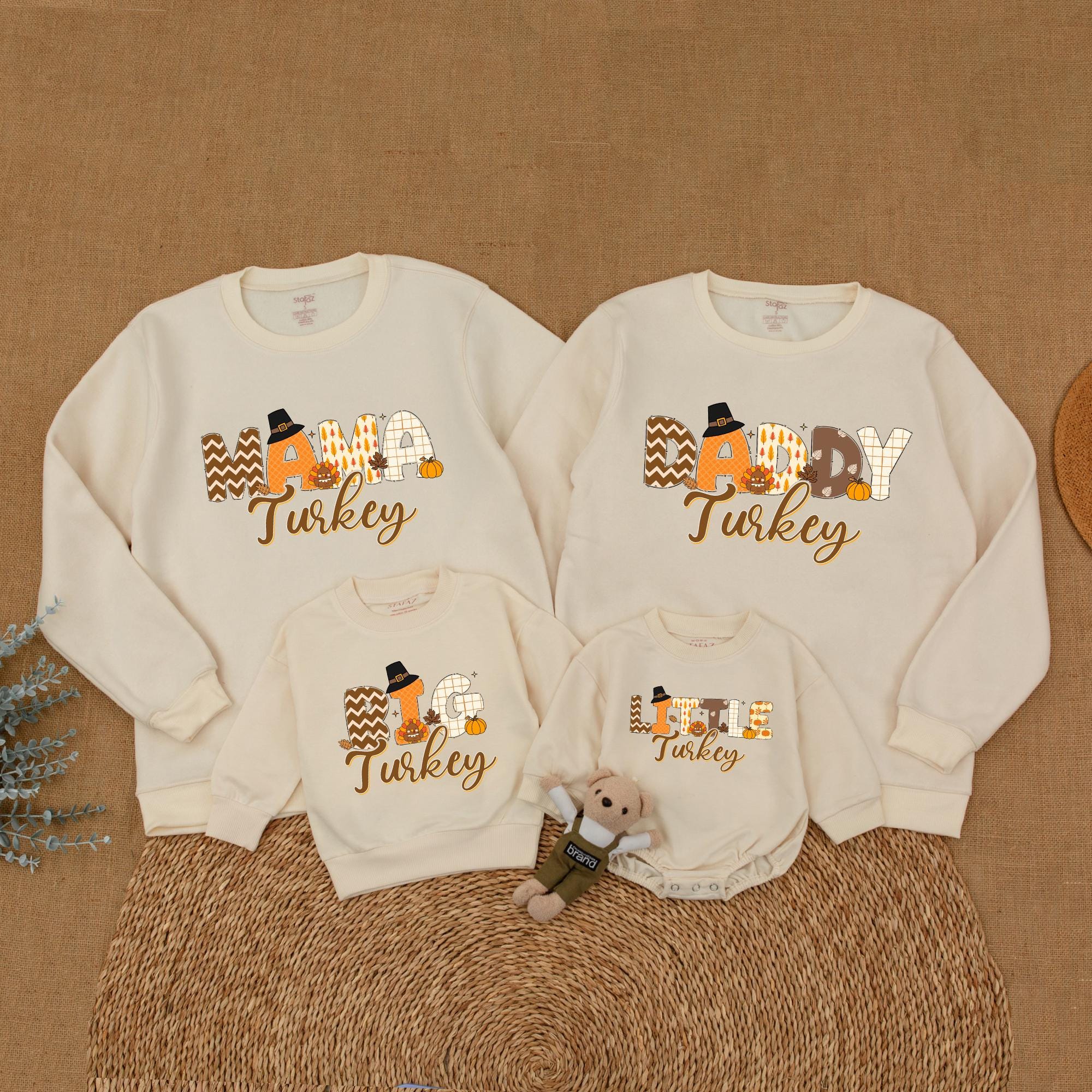 Thanksgiving Family Matching Sweatshirts Mama Daddy Little Turkey Festive Fall Outfit Custom Names Toddler Baby Kids Autumn Holiday Gift