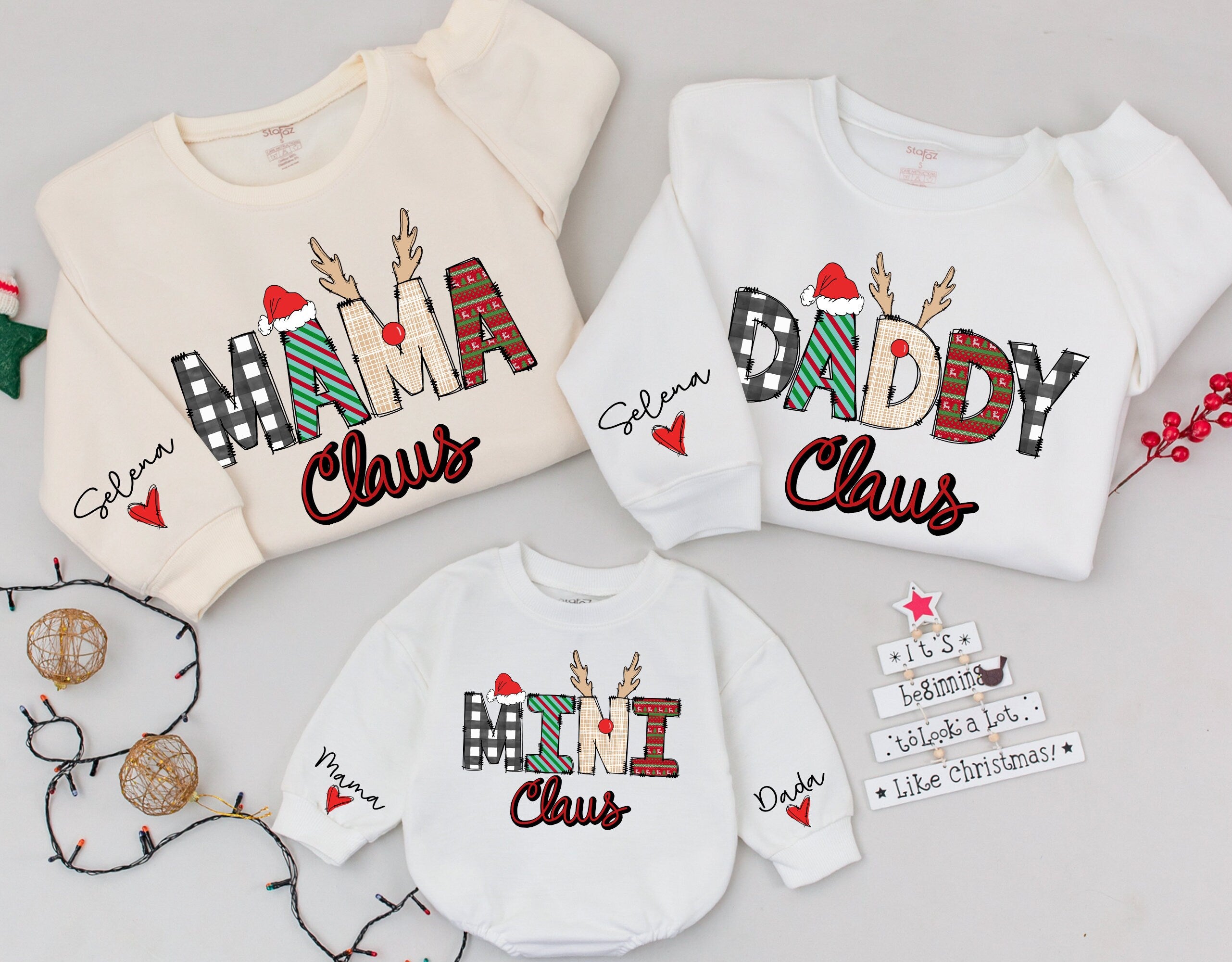 Personalized Mama and Mini Claus Sweatshirts with Festive Patterns Family Christmas Outfit Custom Names Comfortable Holiday Gift