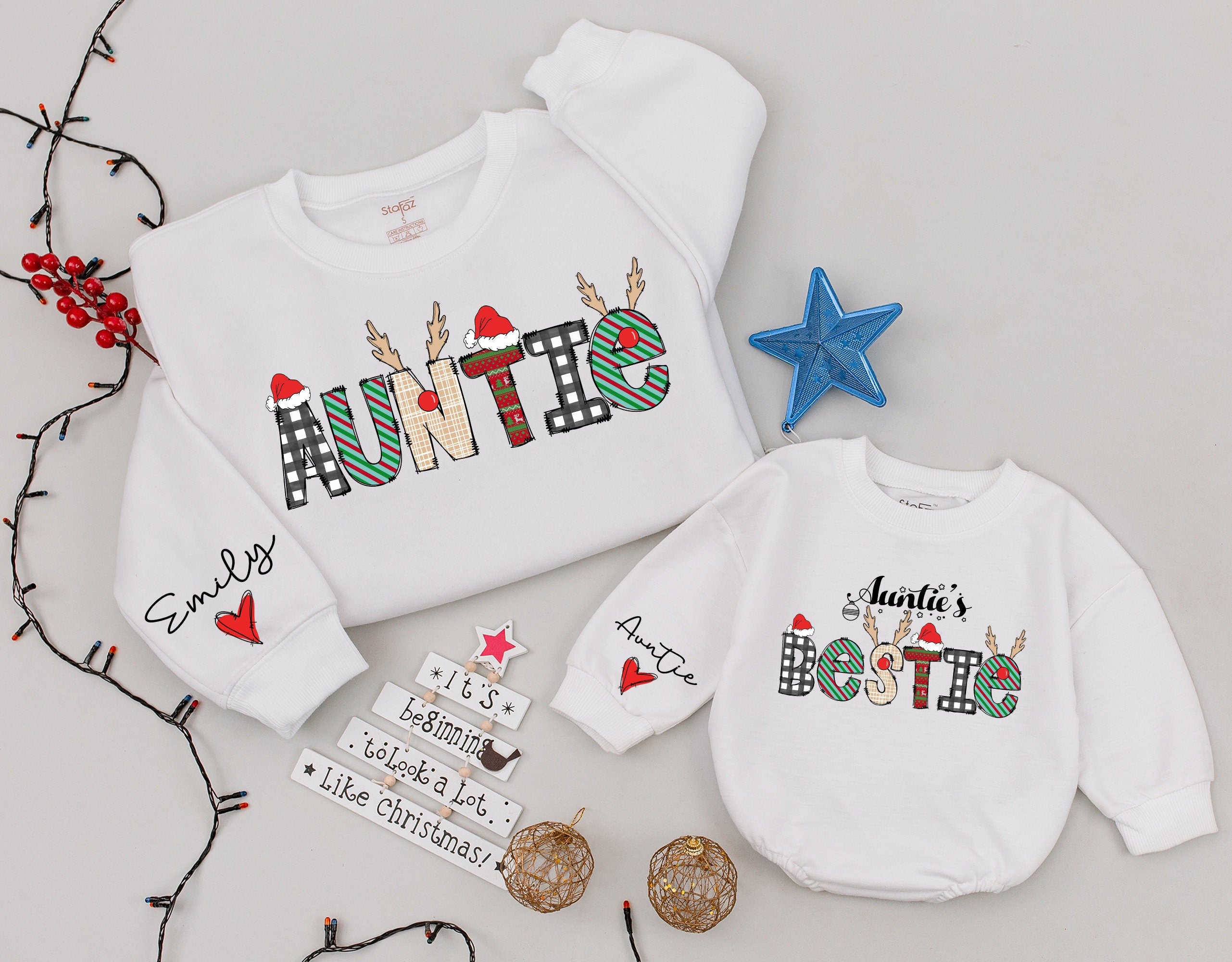 Personalized Auntie and Niece Christmas Sweatshirts Festive Holiday Matching Outfits Custom Names Playful Plaid Stripes Design Cotton