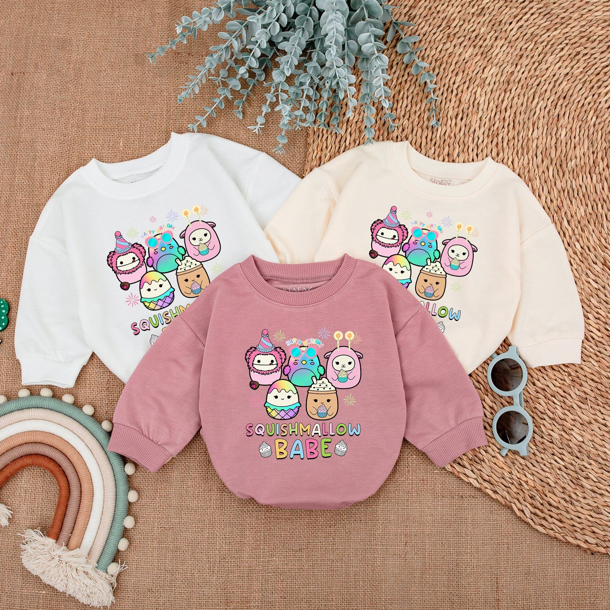Squishmallow Birthday Romper for Kids Playful Cupcake Star Design Soft Toddler Sweater Cheerful Colorful Baby Girl Party Outfit