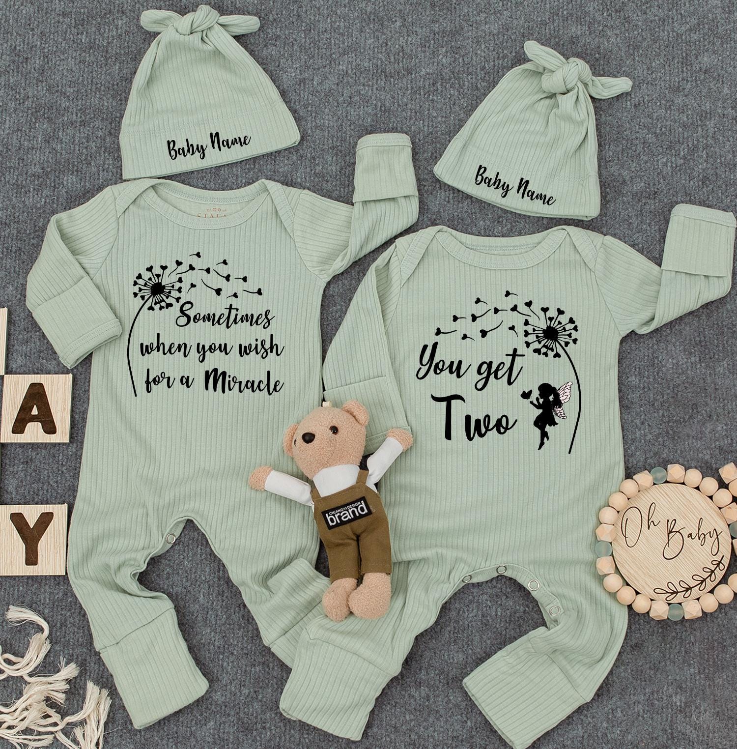 Custom Name Twin Bodysuit Set Heartfelt Dandelion Design Baby Outfit Newborn Infant Cute Gift Cotton Soft Birthday Holiday Wear