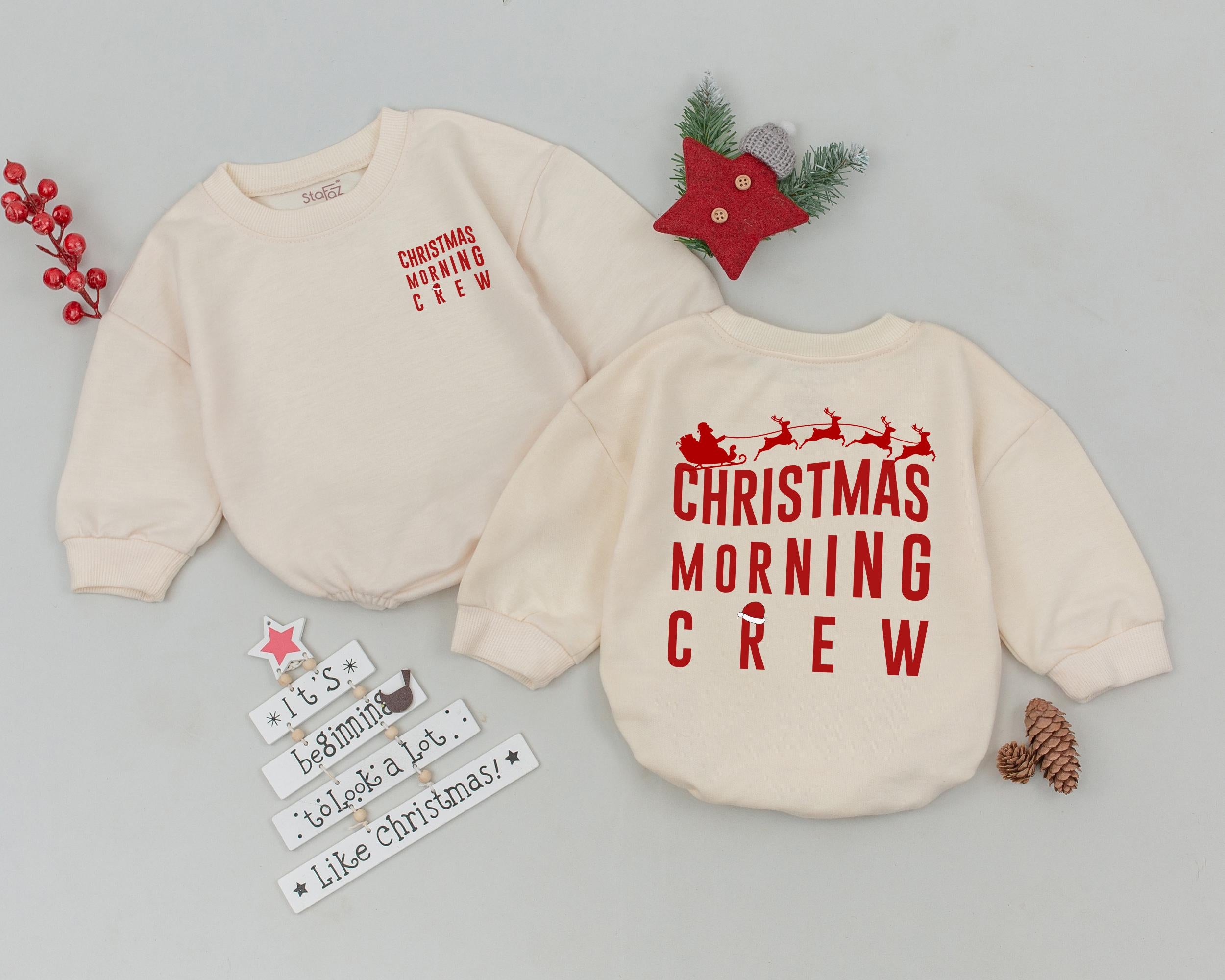 Christmas Morning Crew Baby Romper with Santa Sleigh First Holiday Outfit Newborn Bodysuit Festive Gift Soft Cotton Red Design