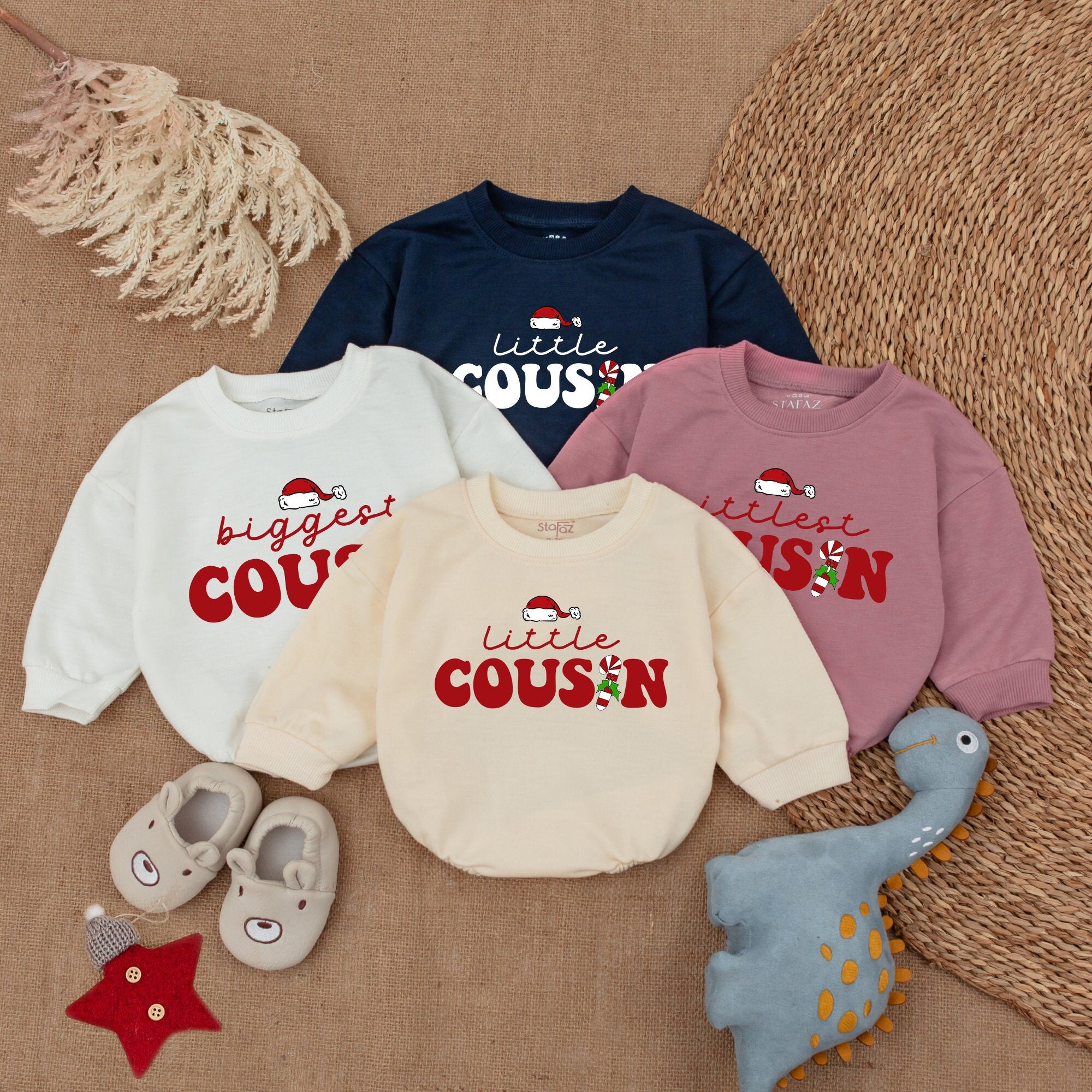 Custom Christmas Cousin Romper with Santa Hat Reindeer Design Soft Baby Toddler Outfit Holiday Retro Sweatshirt Big Little Cousin Gift