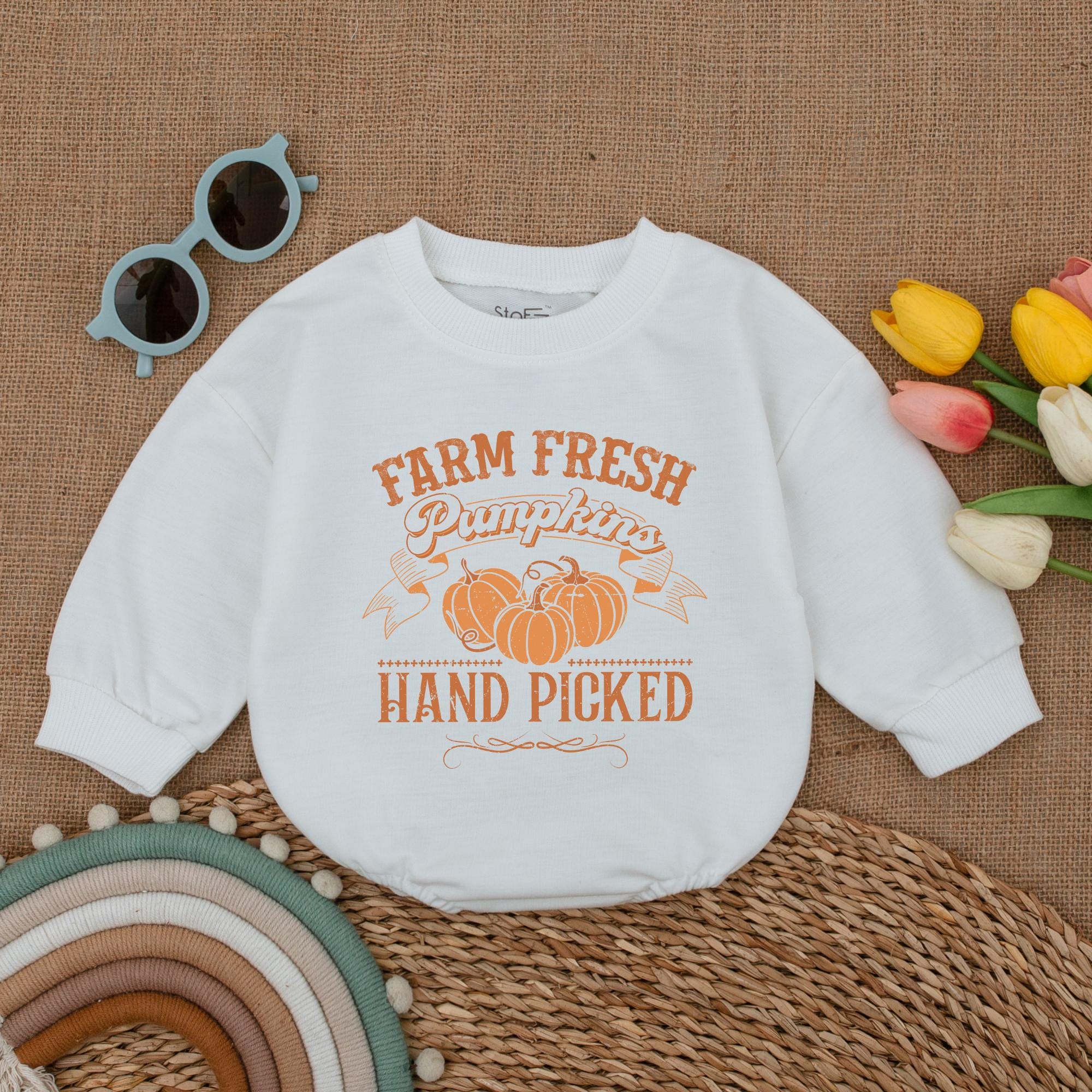 Farm Fresh Pumpkins Hand Picked Baby Romper Retro Thanksgiving Outfit Soft Cotton Autumn Baby Bodysuit Holiday Seasonal Gift