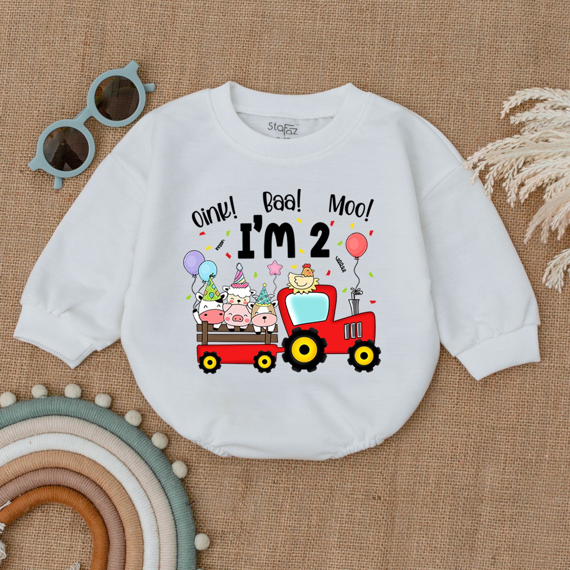 Playful Farm Animal Birthday Romper for Toddlers Red Tractor Cow Pig Sheep Design Soft Cotton Party Outfit for 2nd Birthday Celebration