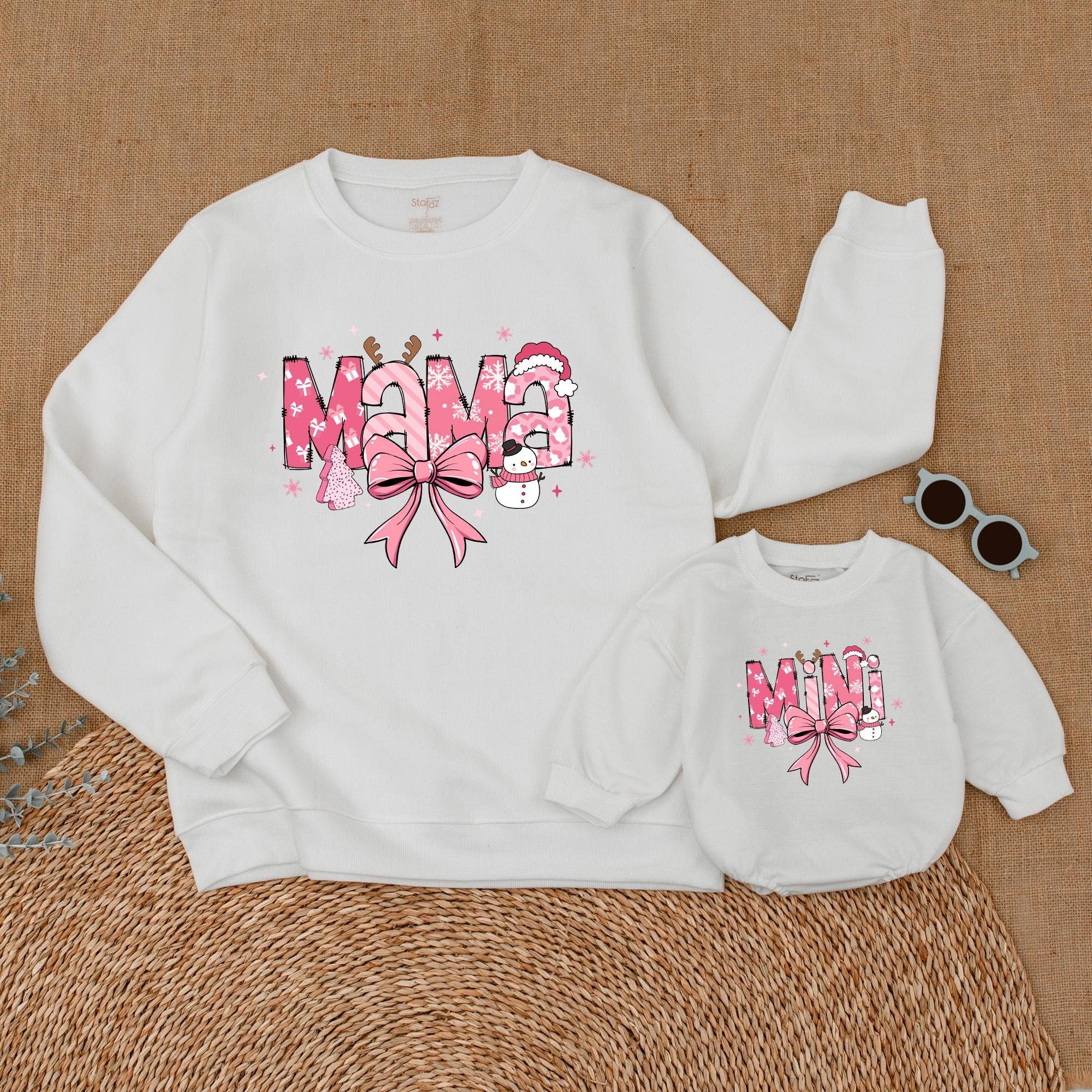 Festive Mama and Mini Christmas Sweatshirts Holiday Matching Family Outfit with Pink Bow and Santa Hat Design for Baby or Toddler