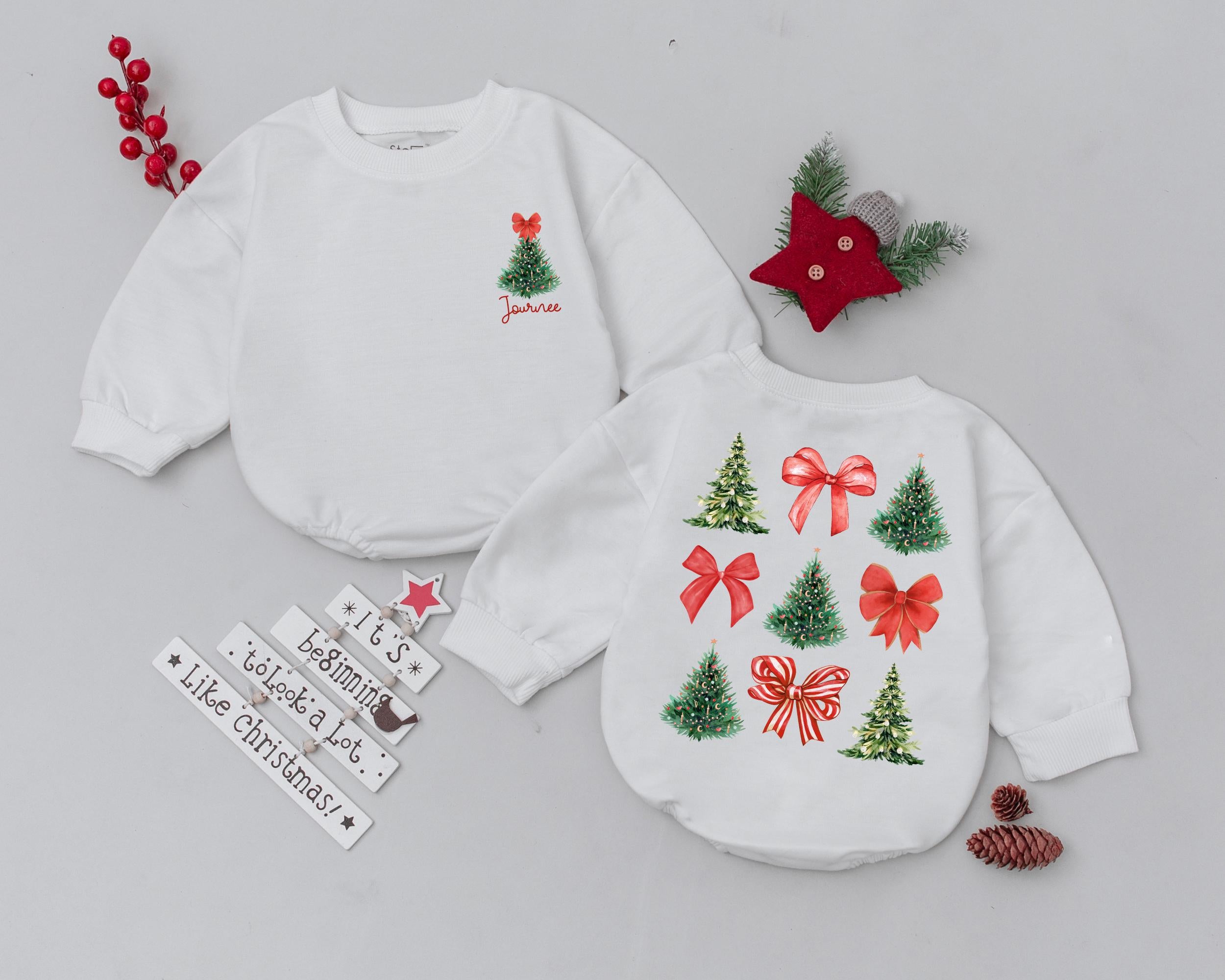 Custom Name Baby Romper with Vintage Christmas Trees and Red Bows First Holiday Outfit Personalized Infant Clothing Gift