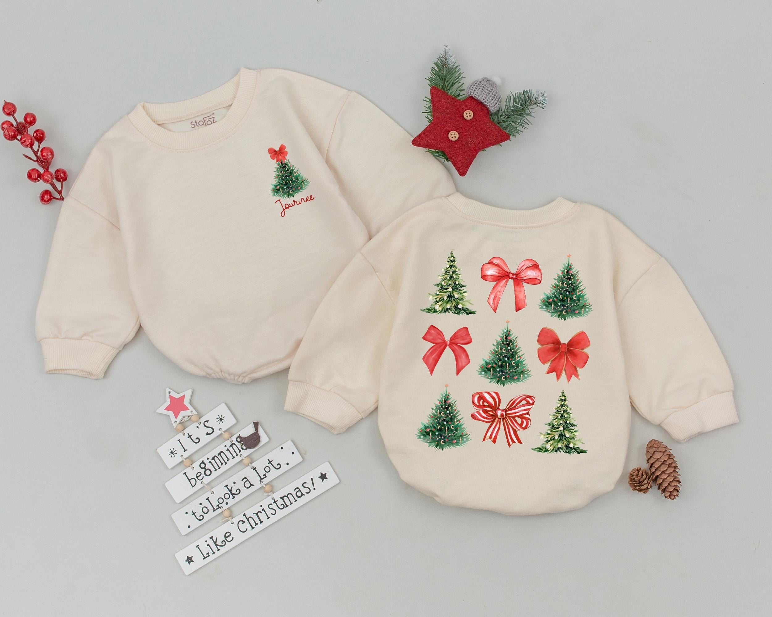 Custom Name Baby Romper with Vintage Christmas Trees and Red Bows First Holiday Outfit Personalized Infant Clothing Gift