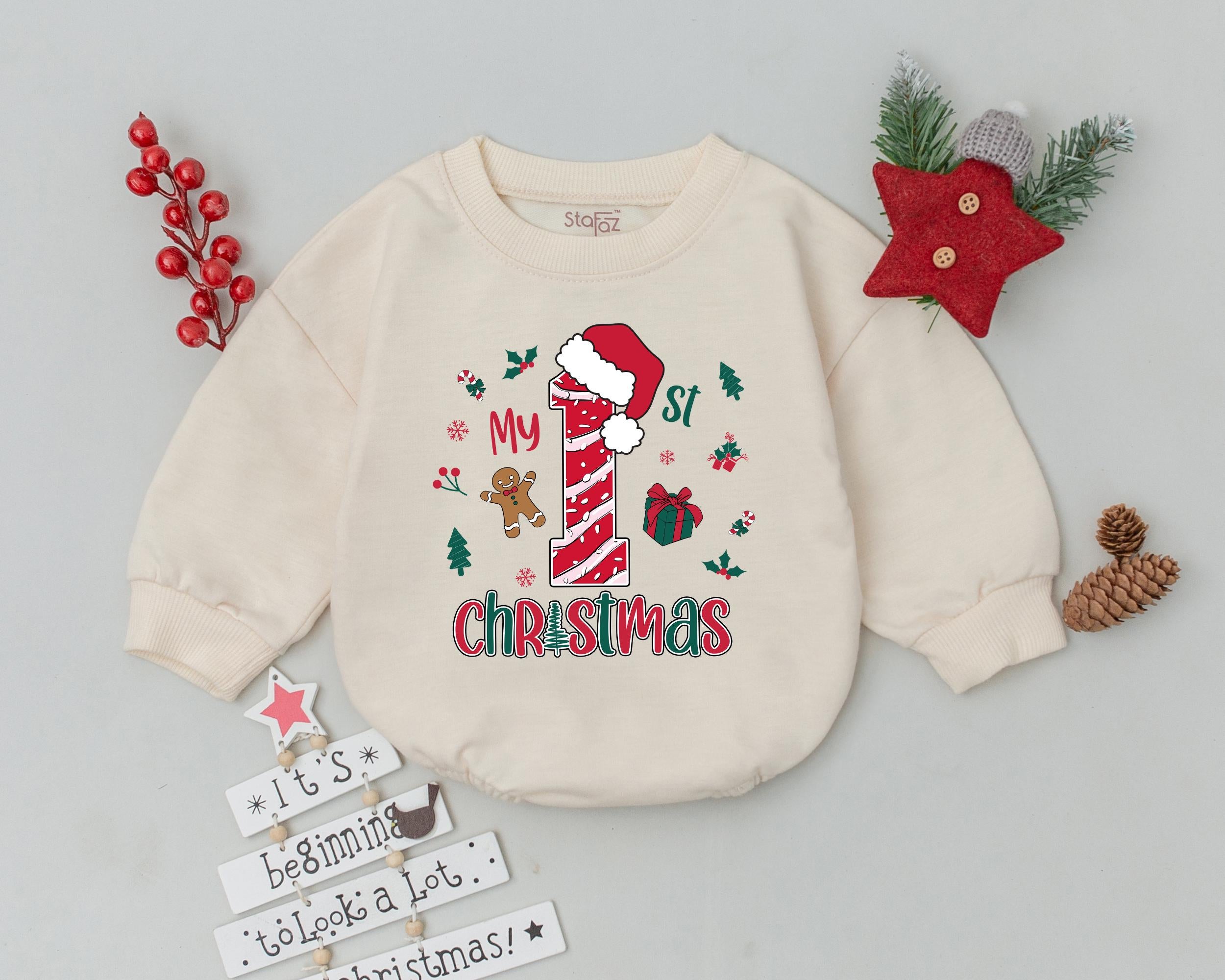 First Christmas Baby Romper with Candy Cane Santa Hat Holiday Outfit Red Green Infant Bodysuit Gift Newborn Retro Holiday Design