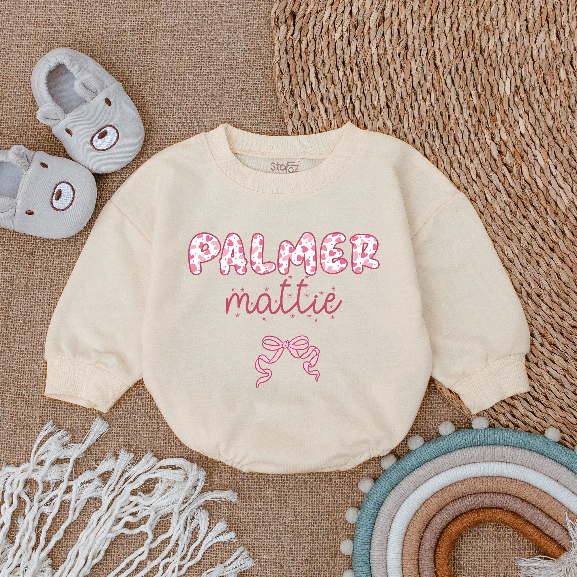 Custom Name Baby Romper with Playful Pink Bow Design