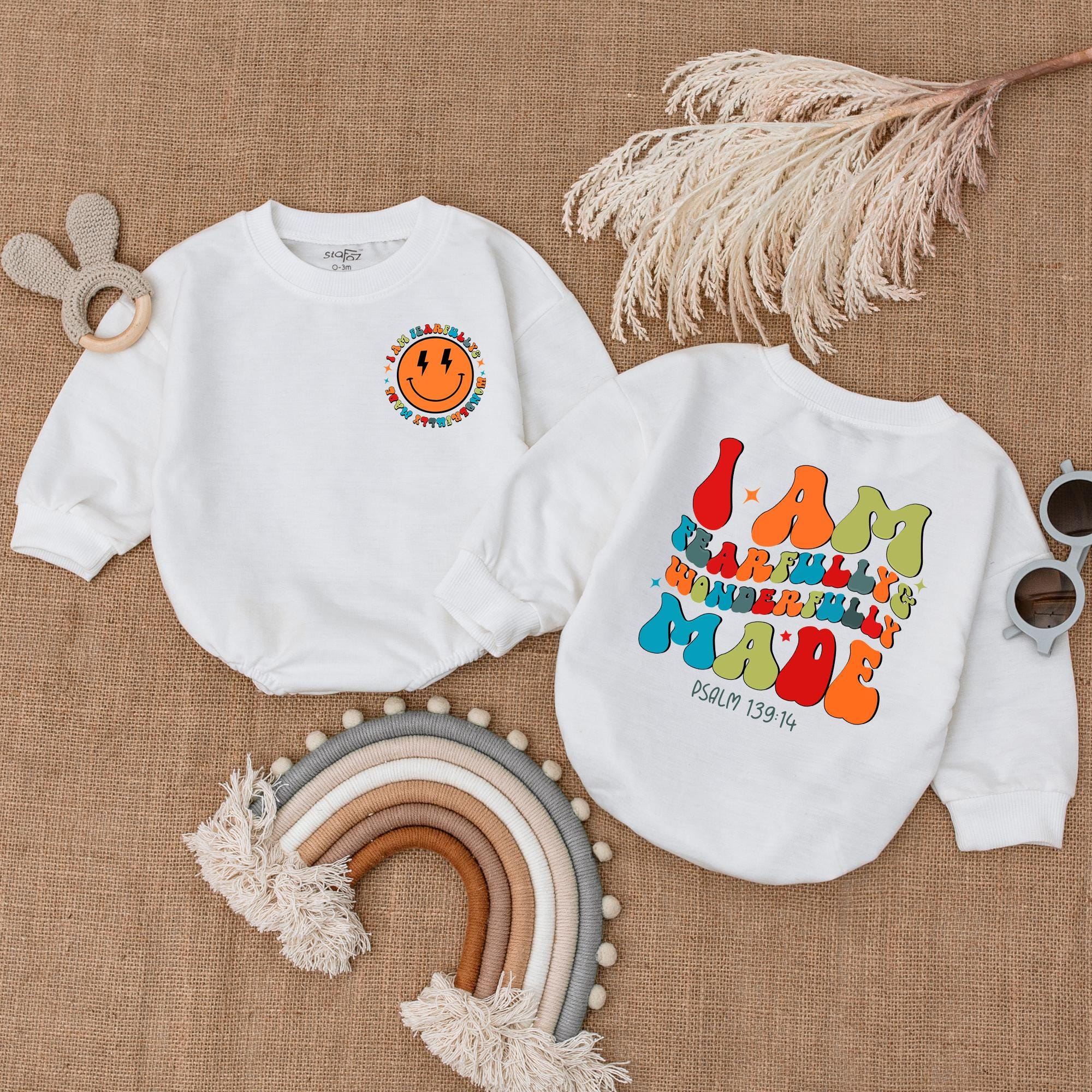 Fearfully and Wonderfully Made Baby Romper with Colorful Psalm 139:14 Text Soft Cotton Infant Toddler Holiday Outfit Smiley Face Design